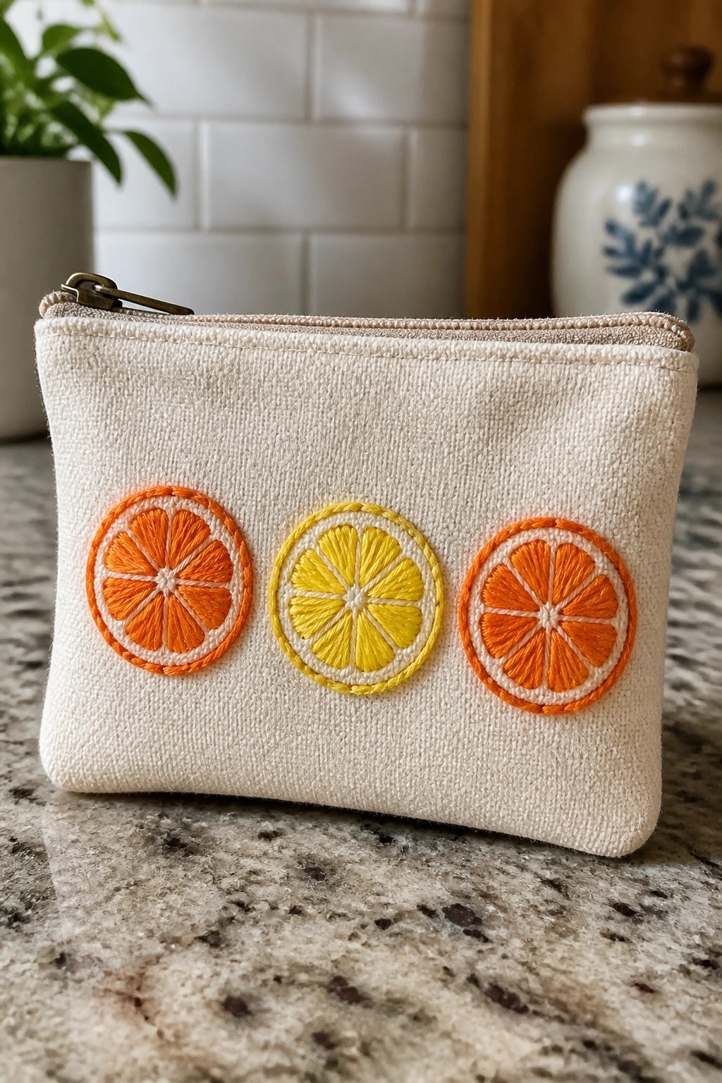 A small beige fabric pouch with three embroidered citrus slices in a row on the front: orange, lemon, orange.