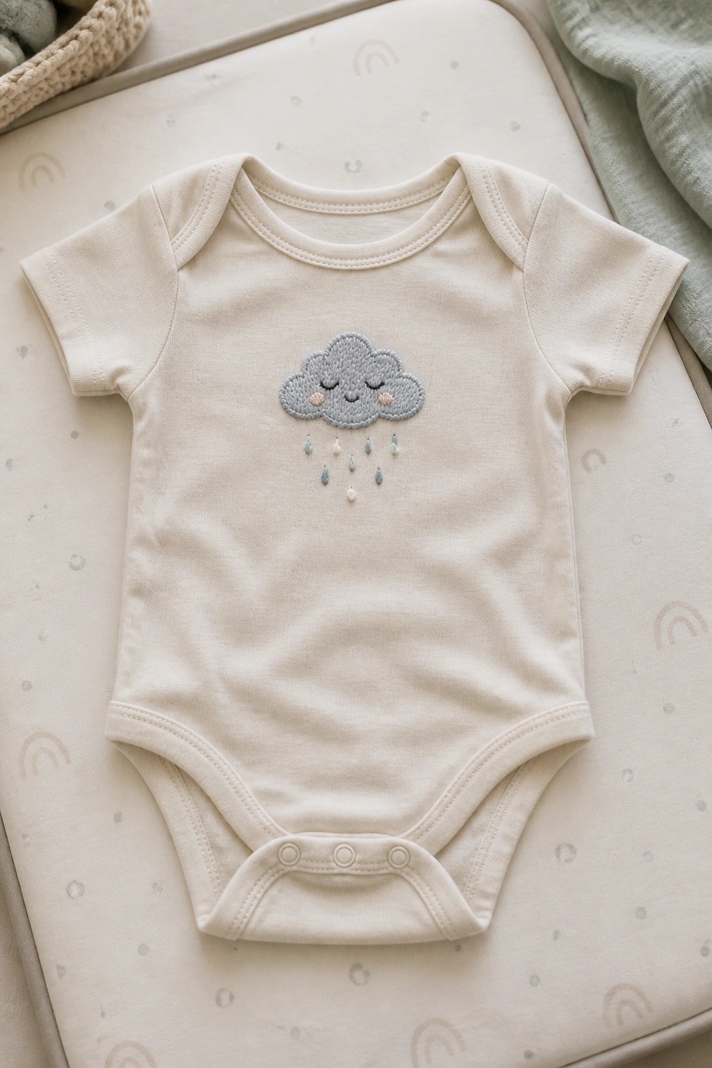 Cream baby onesie with embroidered sleepy cloud and falling raindrops on padded mat