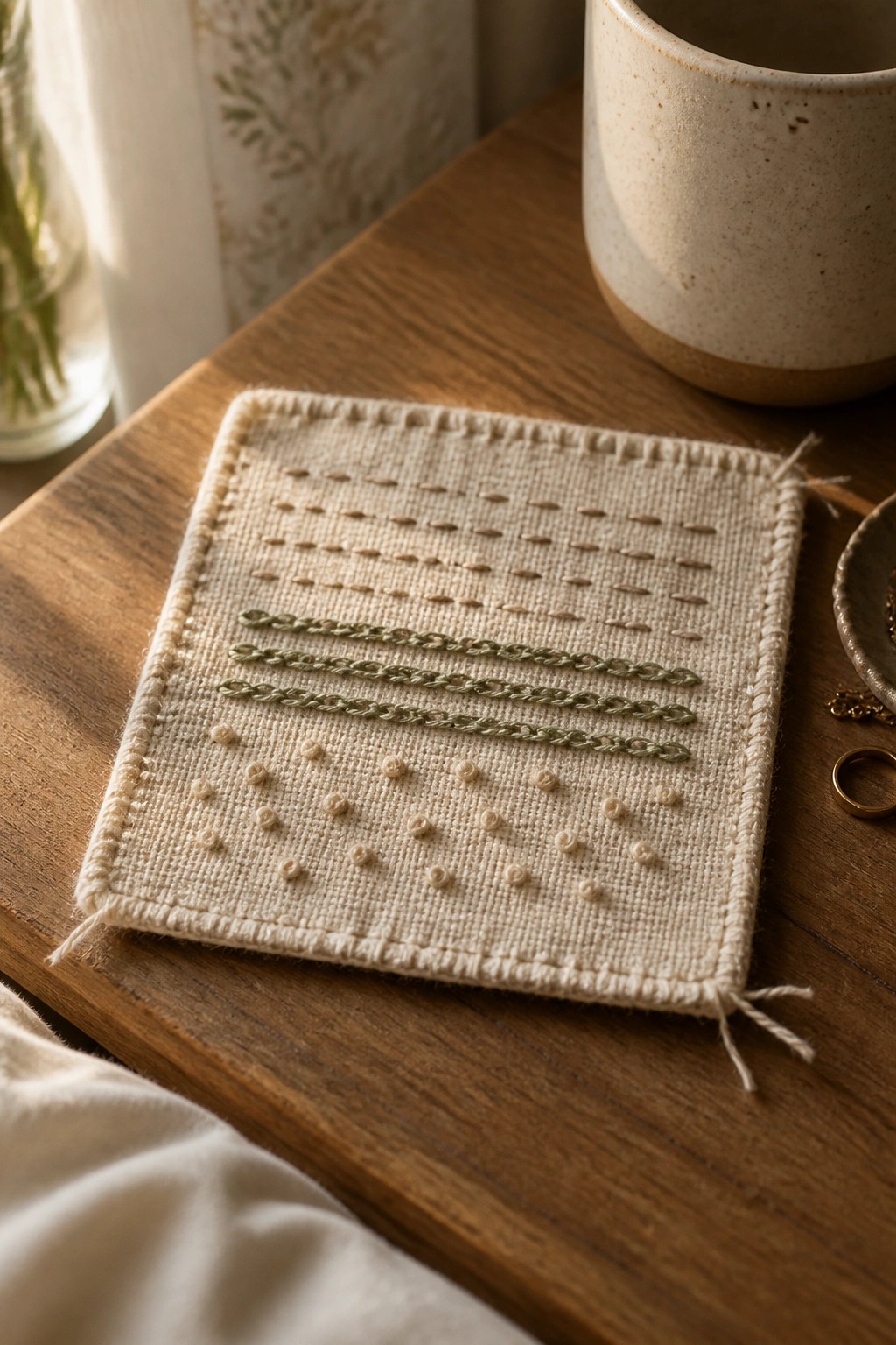 Beige fabric swatch with green chain stitches and dotted patterns on wood
