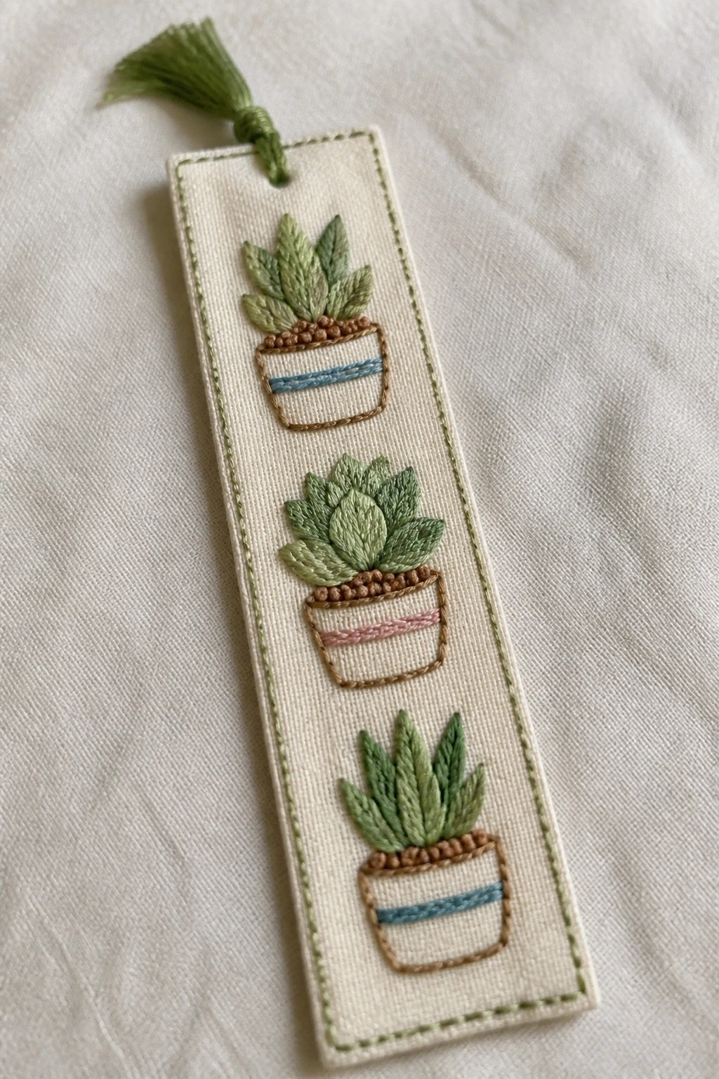 Embroidered white bookmark with three potted succulents and green tassel.