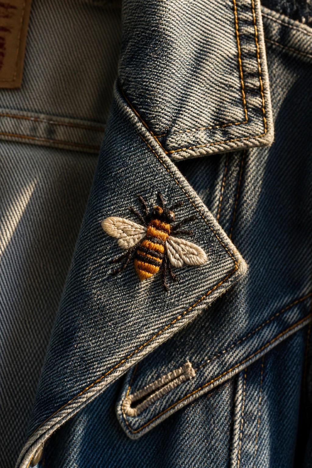 A bee embroidered on the flap of a blue denim jacket.