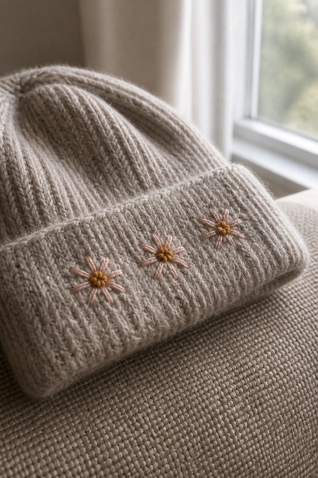 Beige ribbed knit beanie with pink and yellow daisy embroidery on textured fabric.