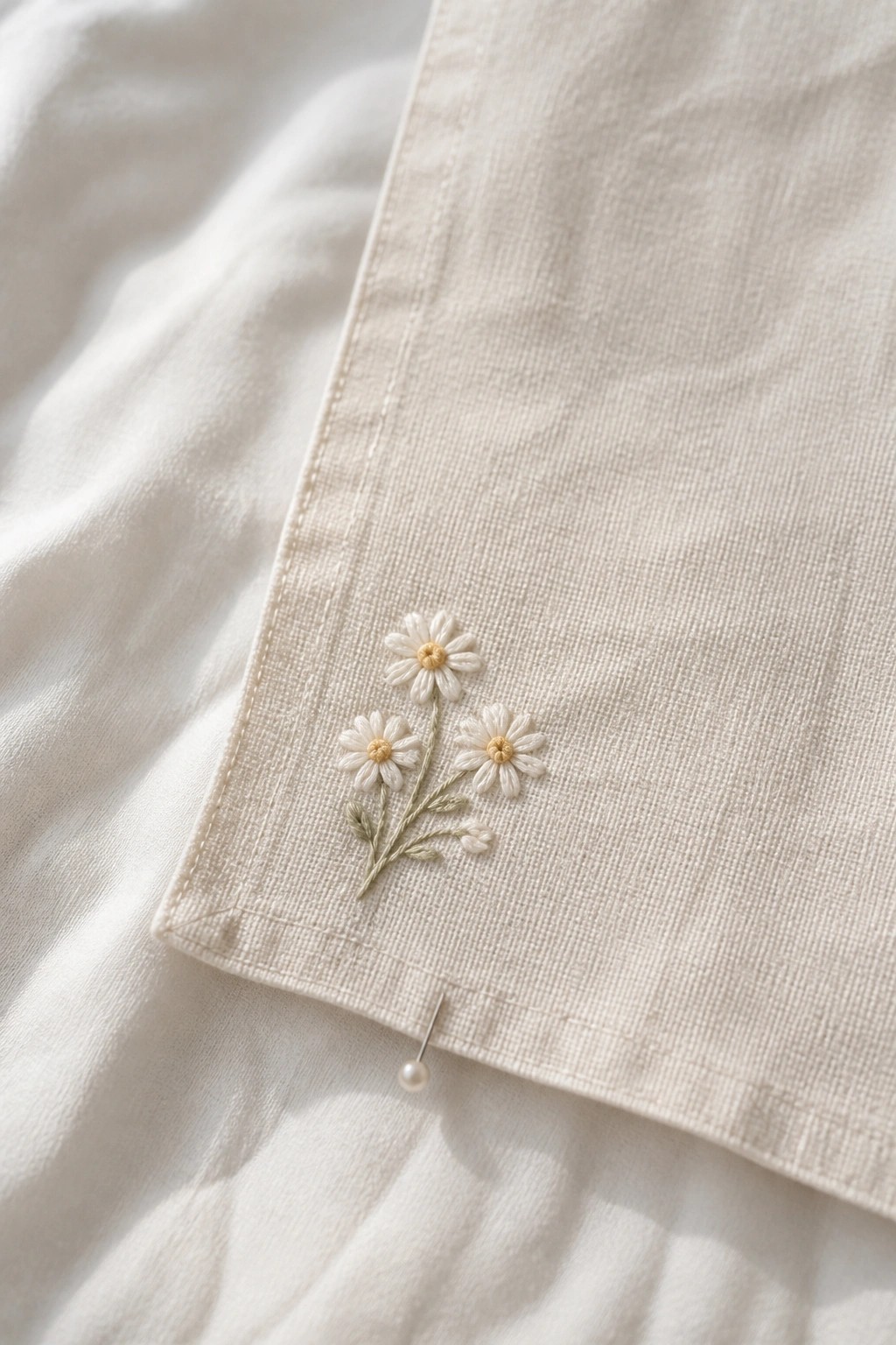 Embroidered white daisies on beige linen fabric with pearl pin