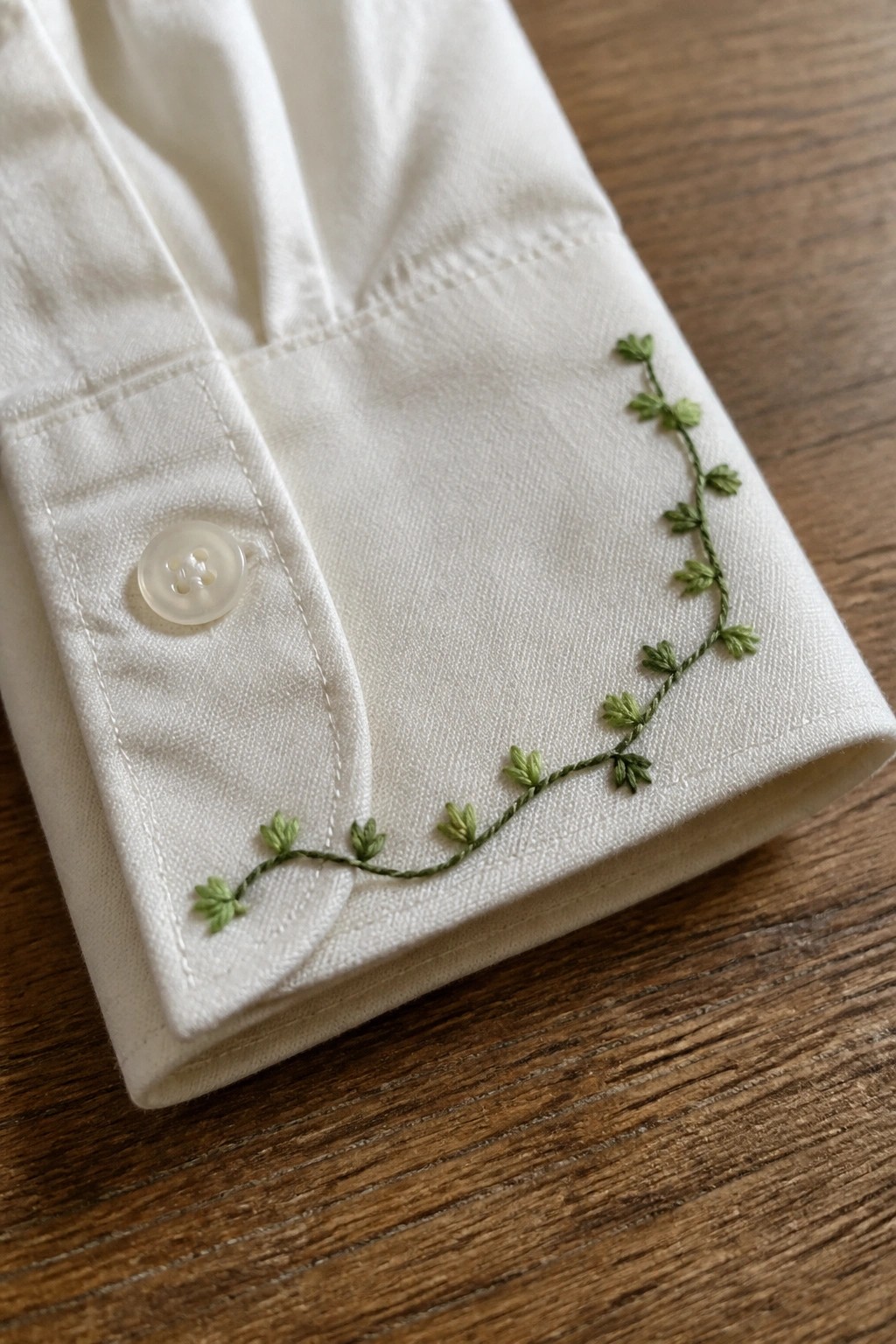 White shirt cuff with green embroidered vine pattern and button on wood.