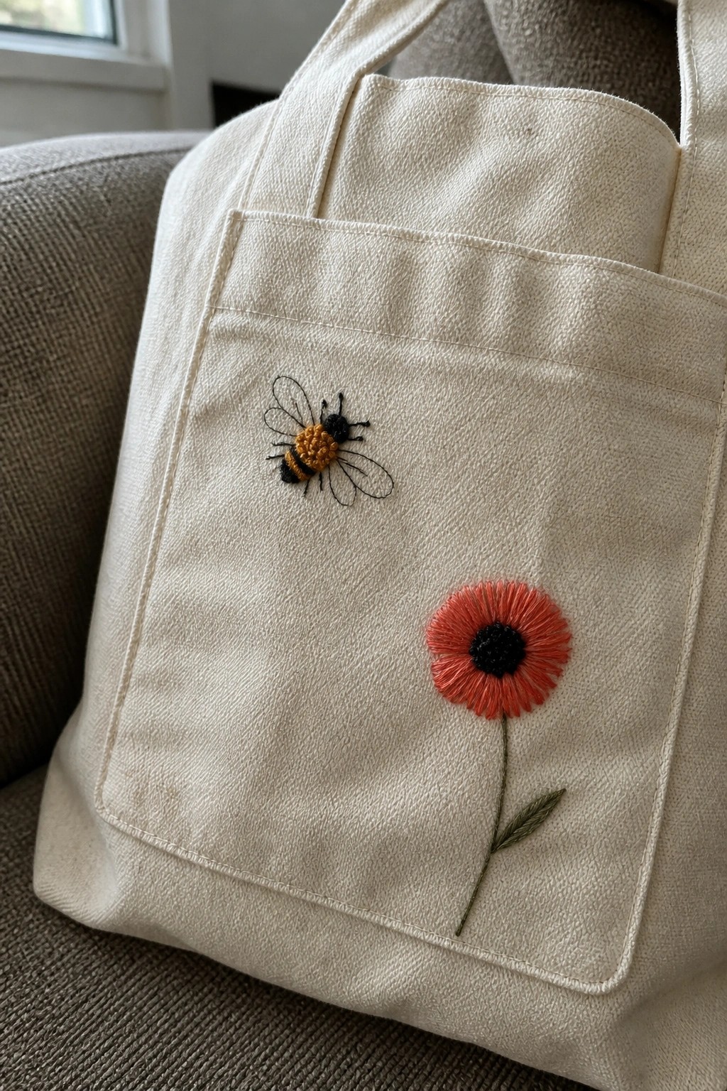 Cream canvas tote bag with embroidered bee and red poppy on front pocket