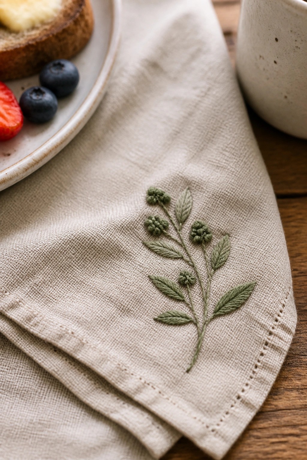 Beige linen napkin with green embroidered botanical design beside breakfast plate and mug