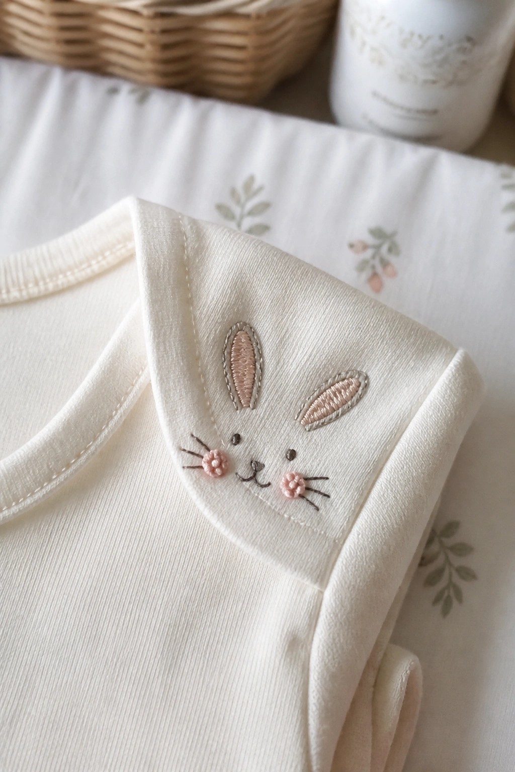 Cream baby onesie with embroidered bunny face on folded collar