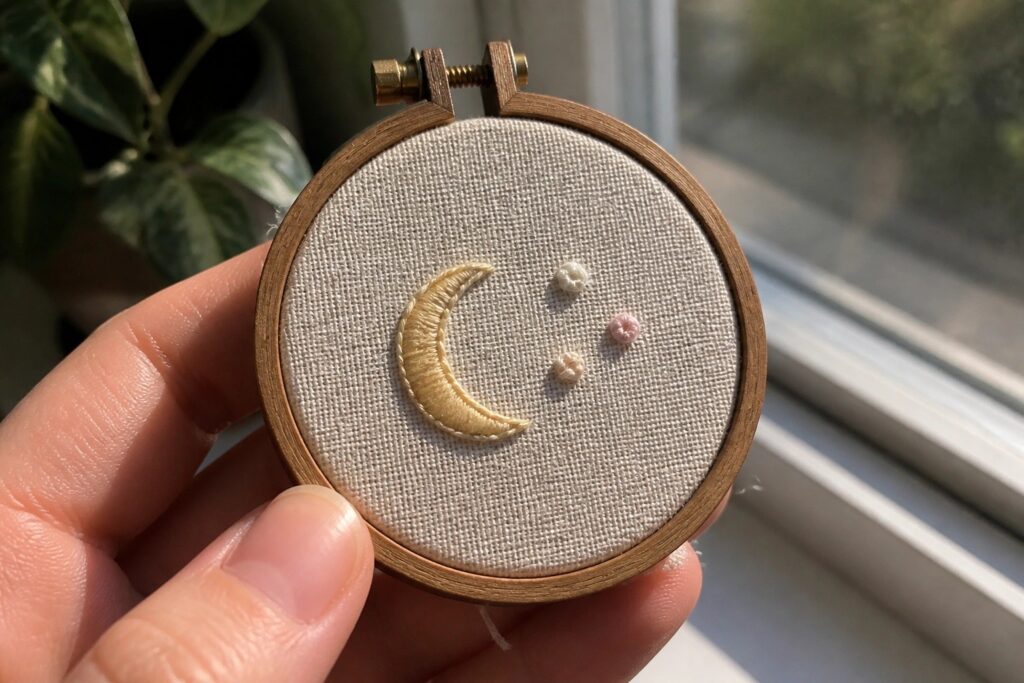 21 Delicate Easy French Knot Embroidery Designs for Small Textured Details Hand holding wooden hoop with gold crescent moon and three small pink flowers