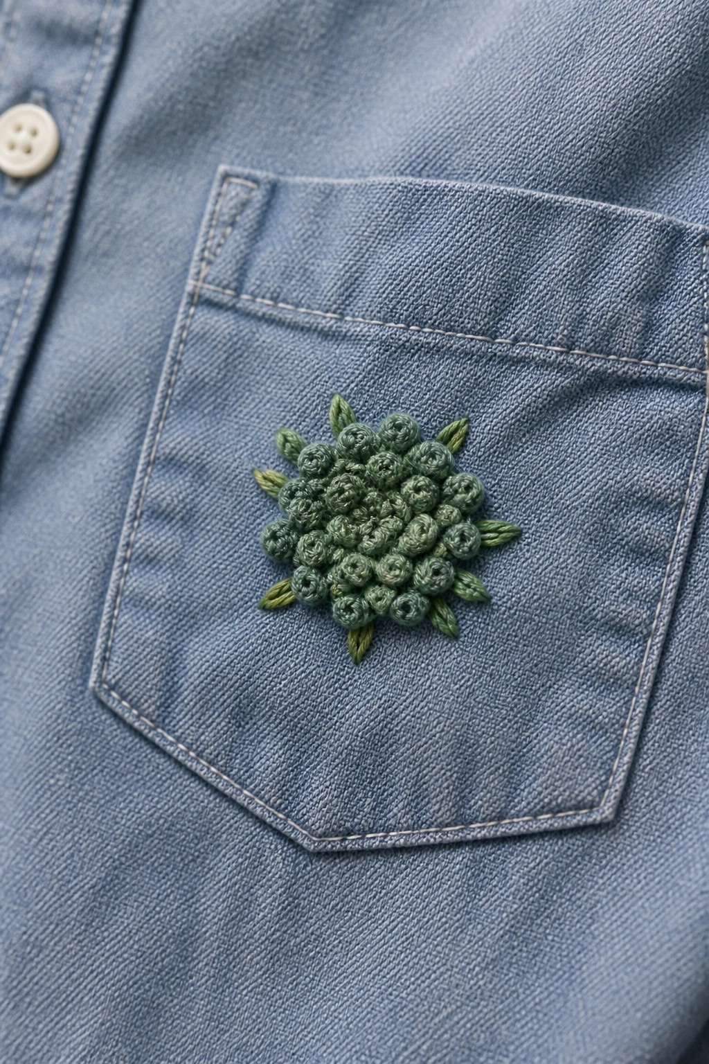 Green French knot embroidery forming a circular motif on a blue denim shirt pocket.