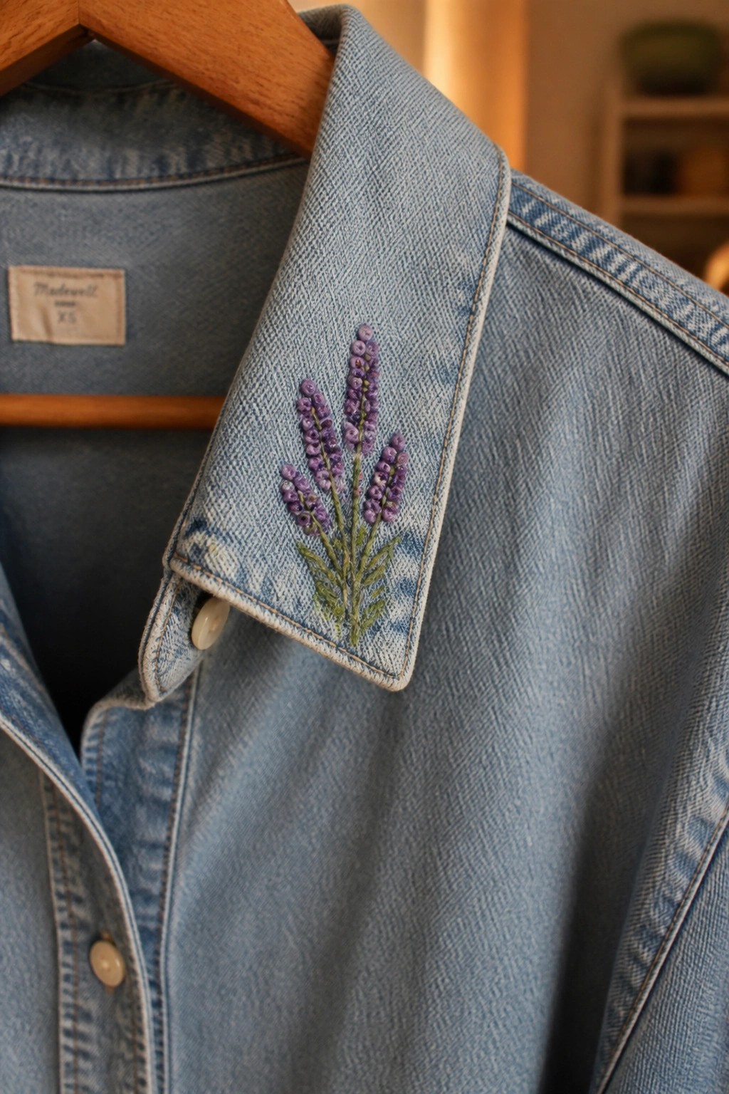 Light blue denim shirt with purple embroidered lavender on collar and Madewell tag