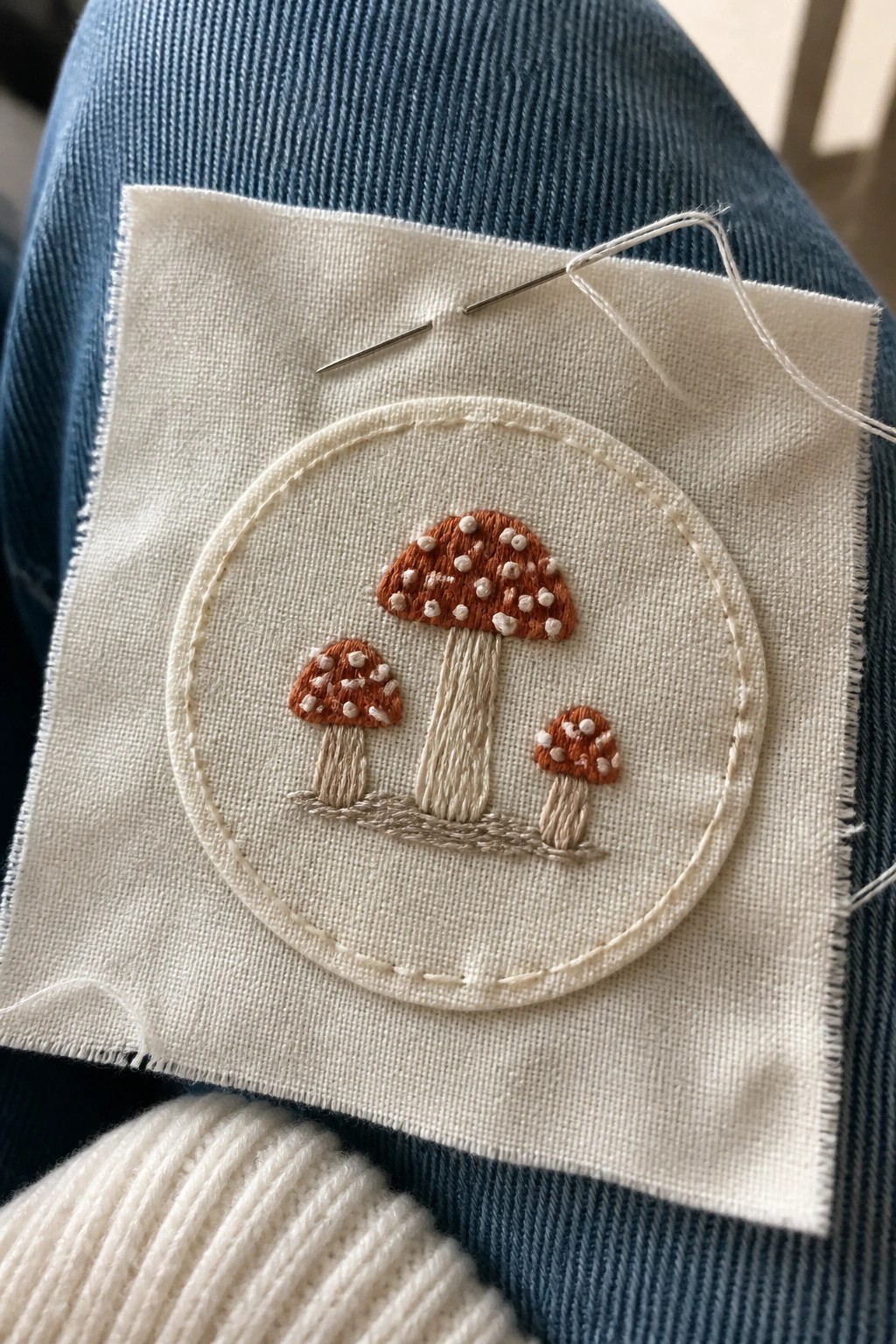 Circular embroidery of three mushrooms on white fabric over blue denim with needle