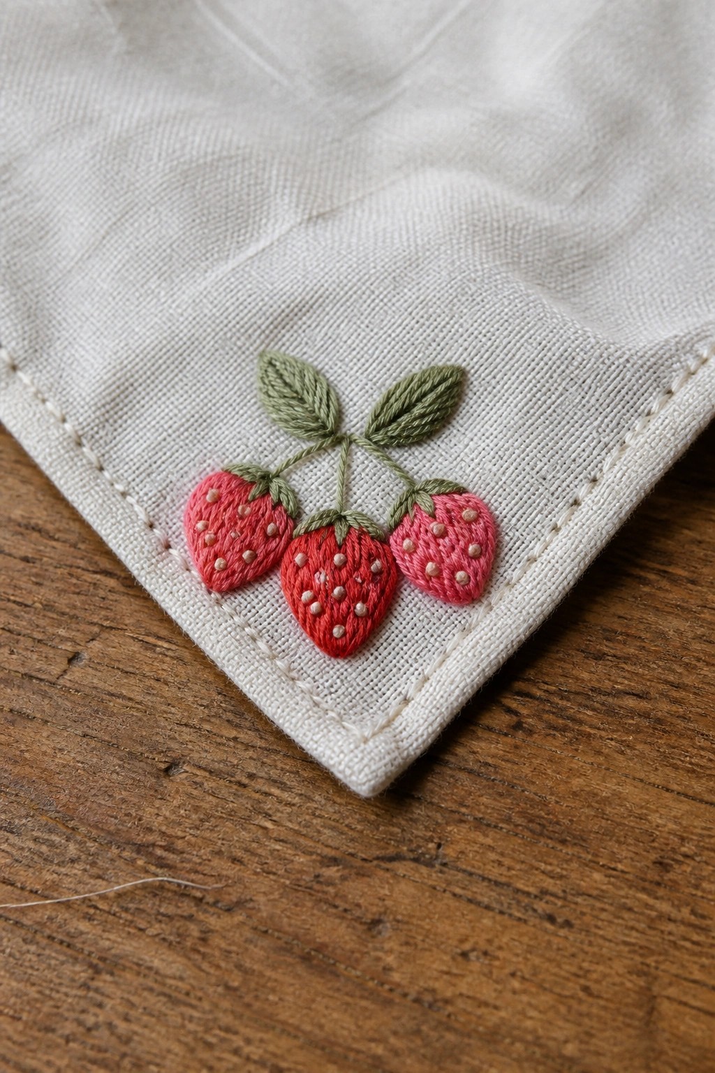 Corner of white fabric embroidered with three red strawberries and green leaves on wood.