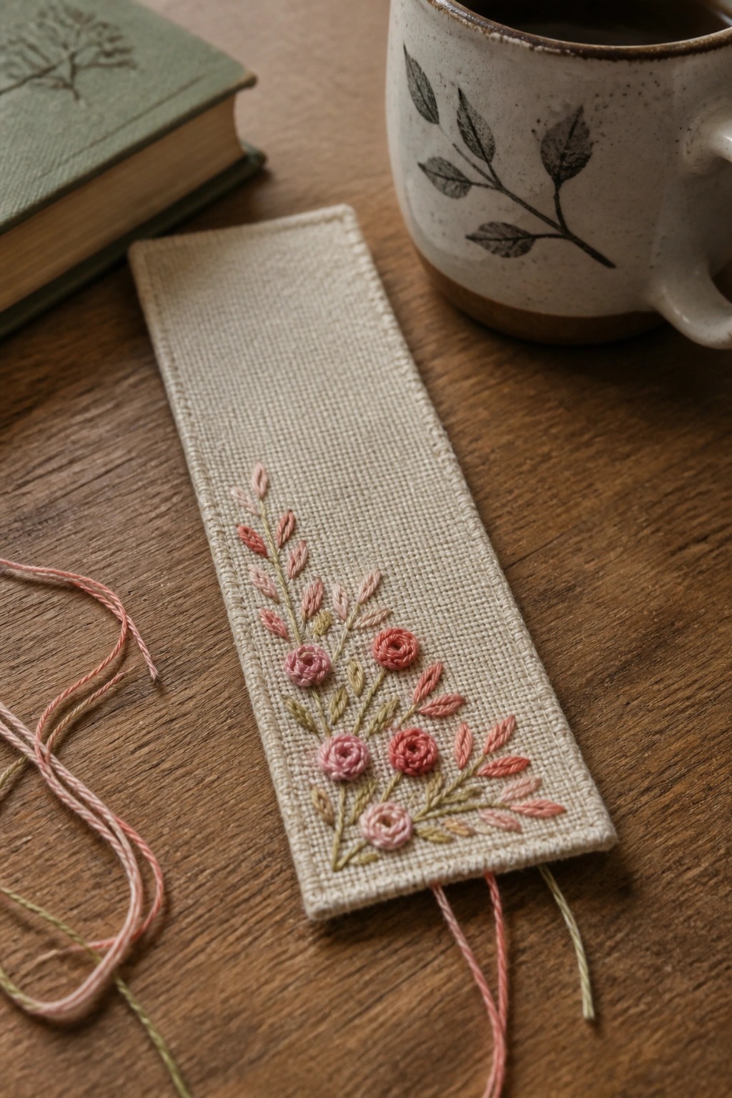 Embroidered linen bookmark with pink roses on wooden table near mug and book