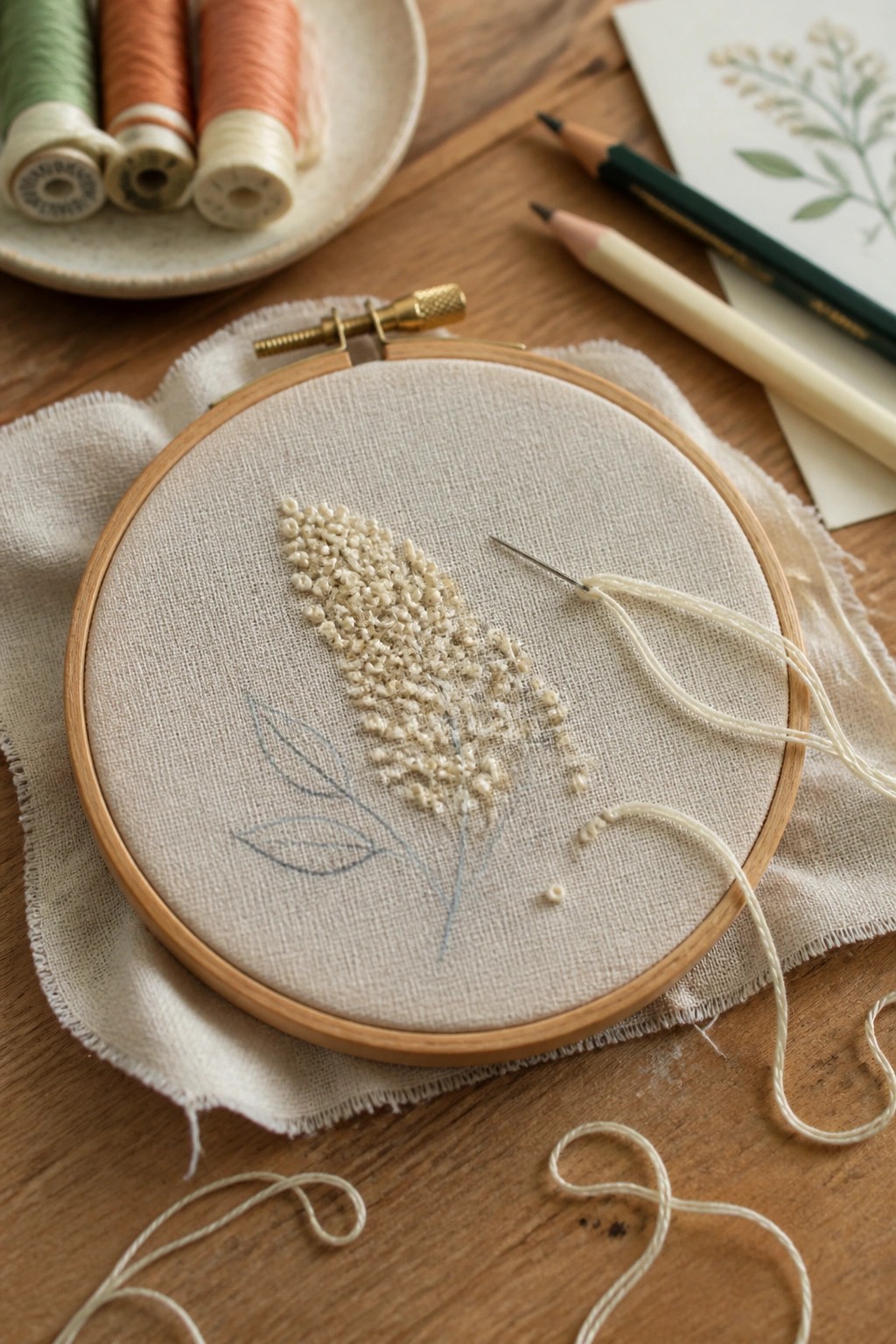 Embroidery hoop with white floral stitches, needle, thread spools, and pencils on wood.