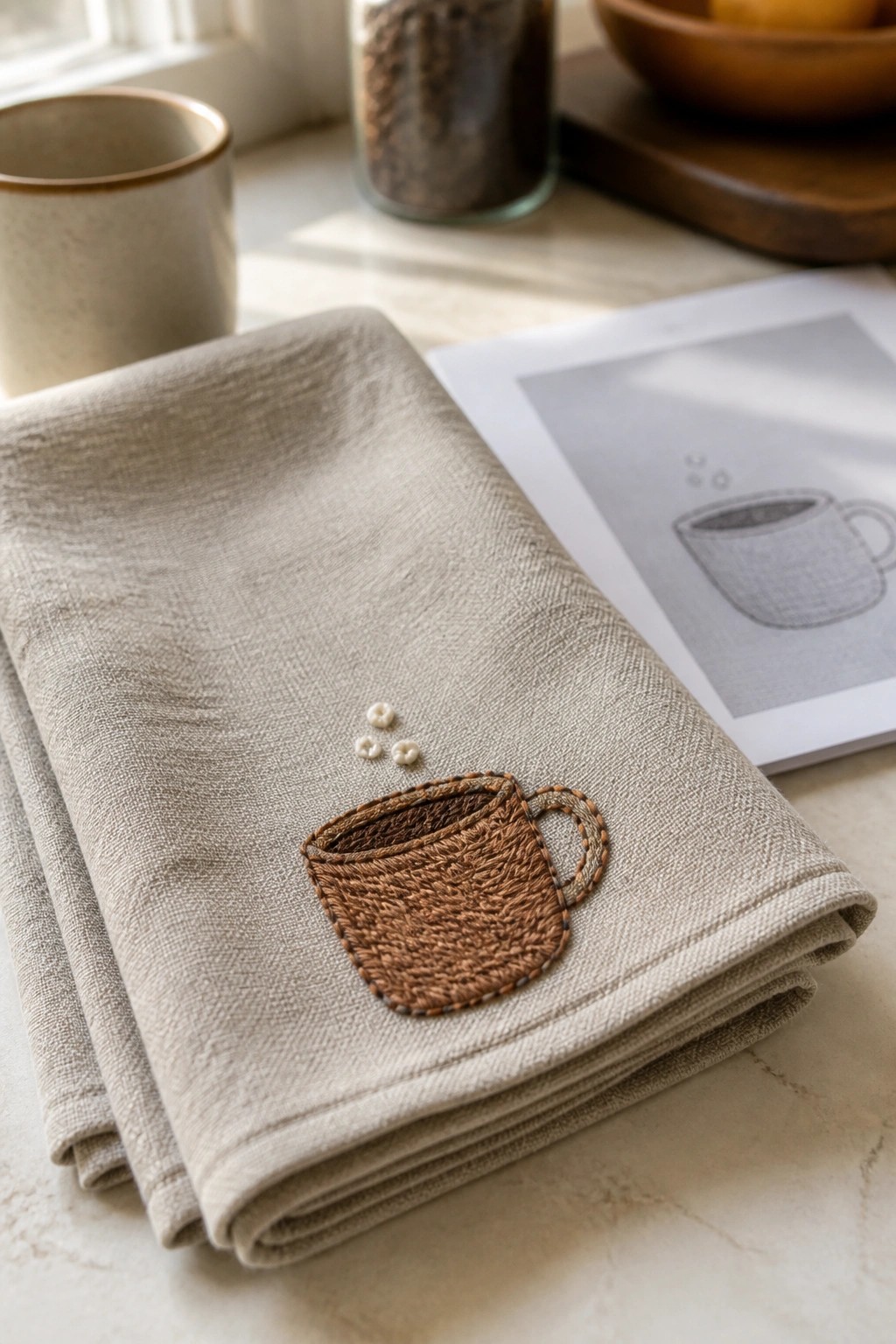 Beige linen napkin embroidered with brown coffee cup and button steam on counter