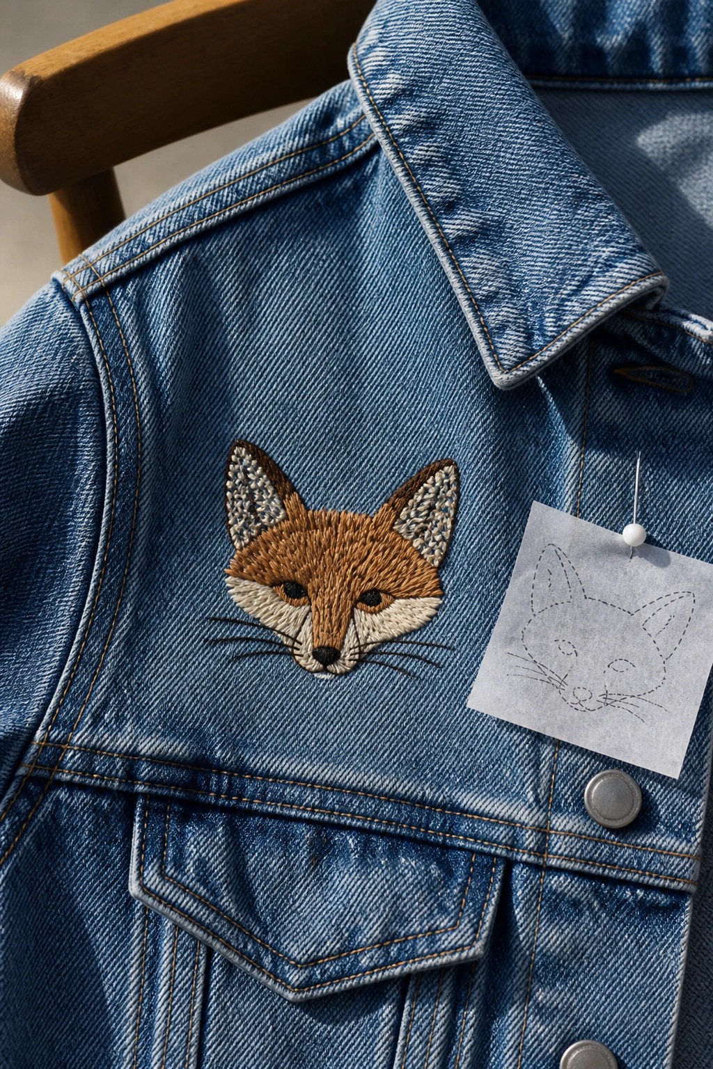 Blue denim jacket with embroidered fox face and pinned cat sketch on chair.