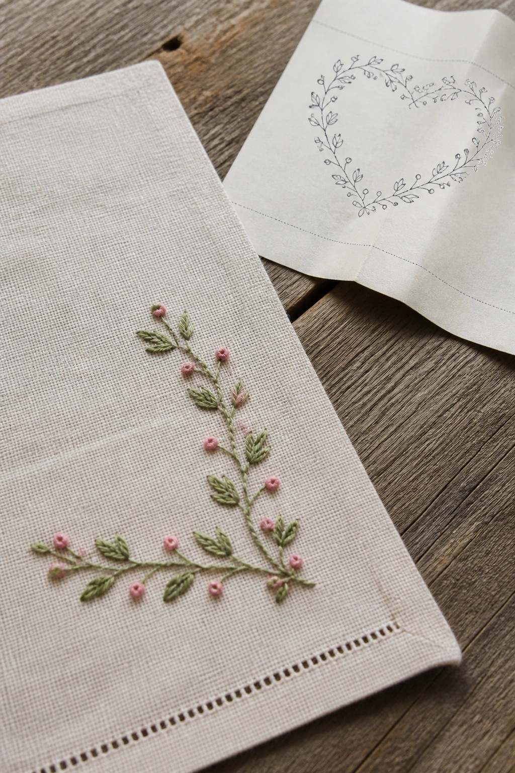Cream fabric napkin with green and pink vine embroidery along the edge next to a paper with a heart-shaped floral pattern.