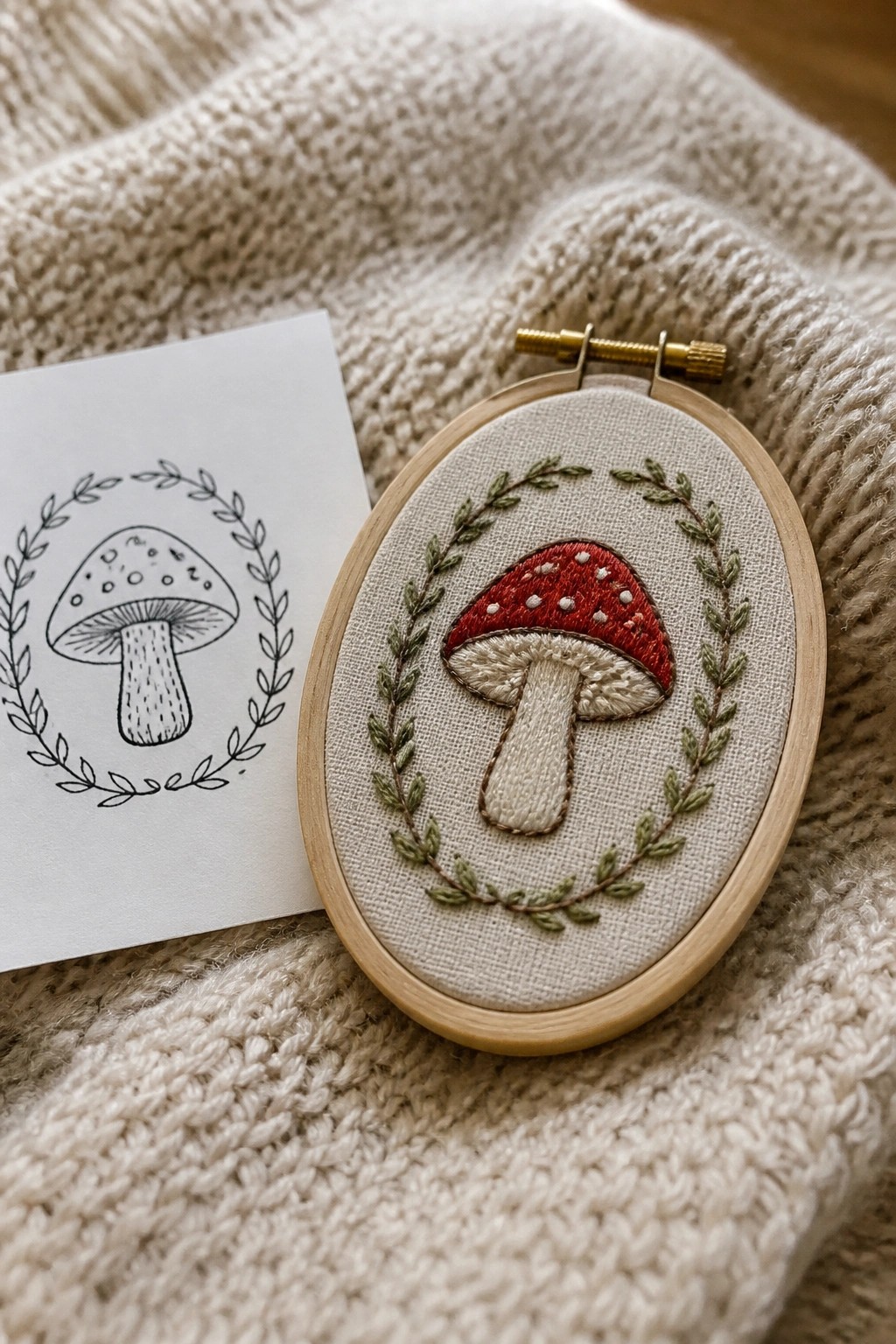 Red embroidered mushroom in hoop beside line drawing on beige knit fabric.