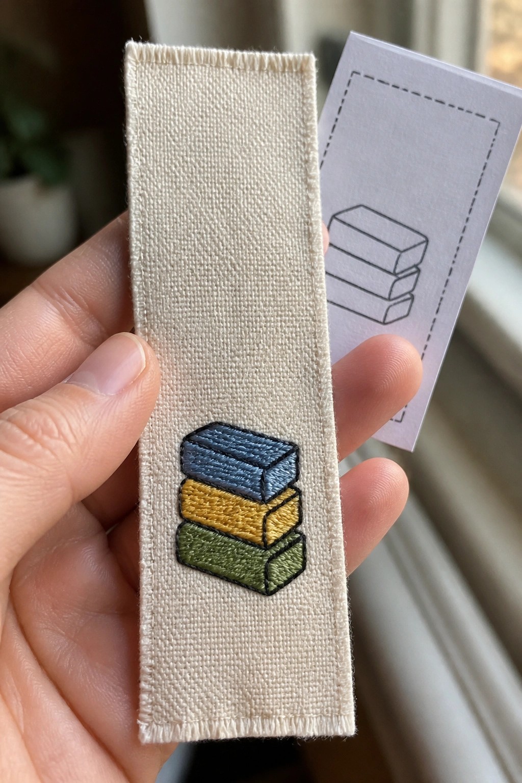 Hand holding beige fabric bookmark embroidered with stacked blue, yellow, and green books beside pattern.
