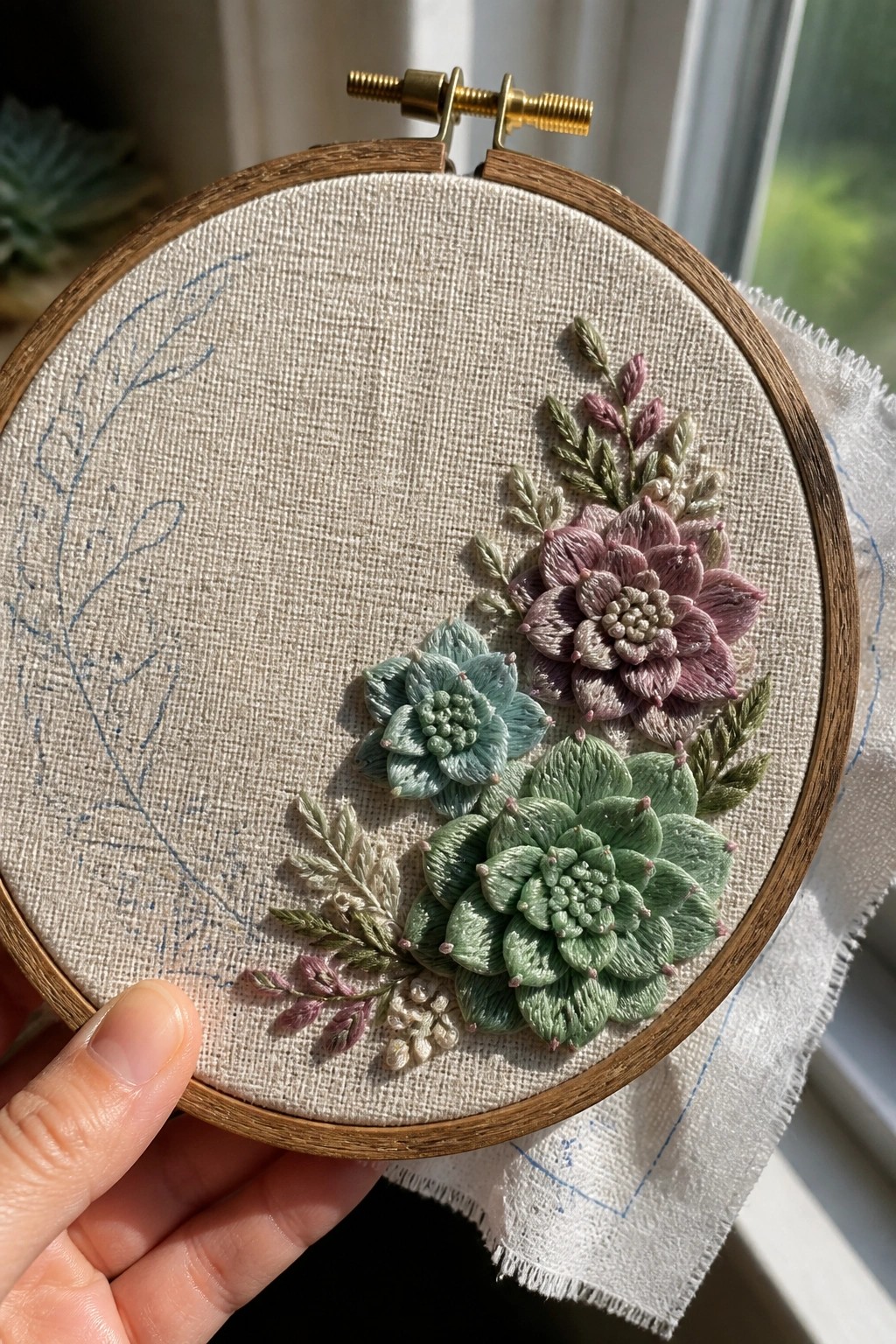 Hand holding wooden hoop with embroidered green, purple, and pink floral design.
