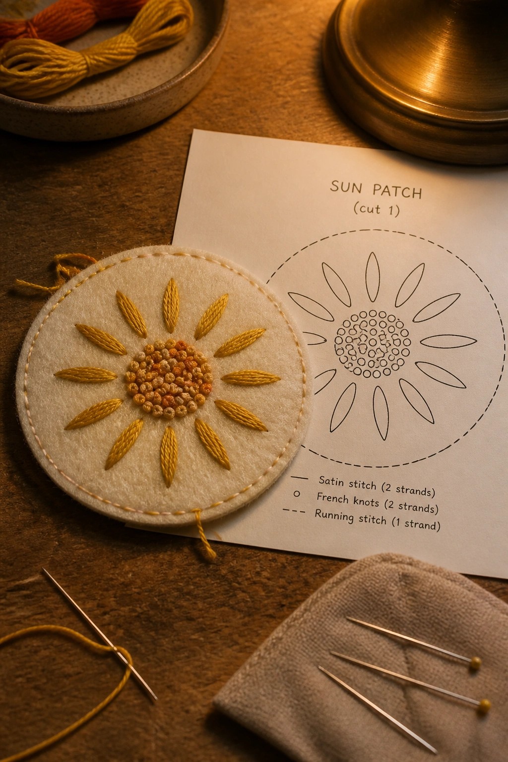 Embroidered yellow sun patch on felt with pattern, needles, and threads on wood