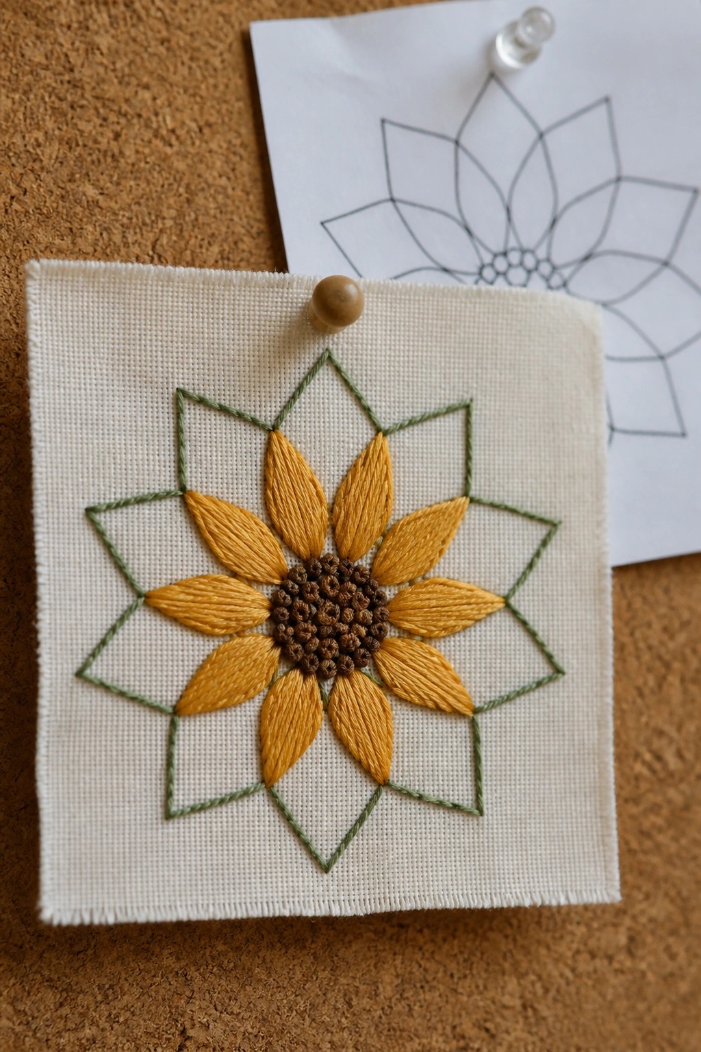 Yellow embroidered flower with brown center and green outline on white fabric beside sketch