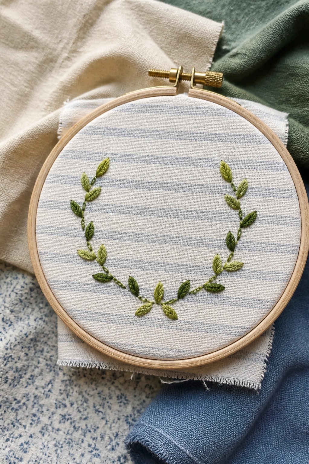 Wooden embroidery hoop with green leafy wreath on light blue striped fabric.