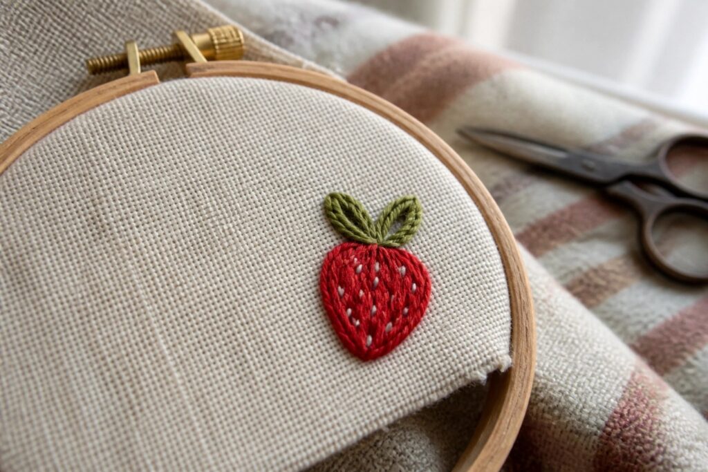 21 Simple Beginner Embroidery Ideas for a First Hoop Project Wooden hoop with red strawberry embroidery and green leaves on beige fabric.