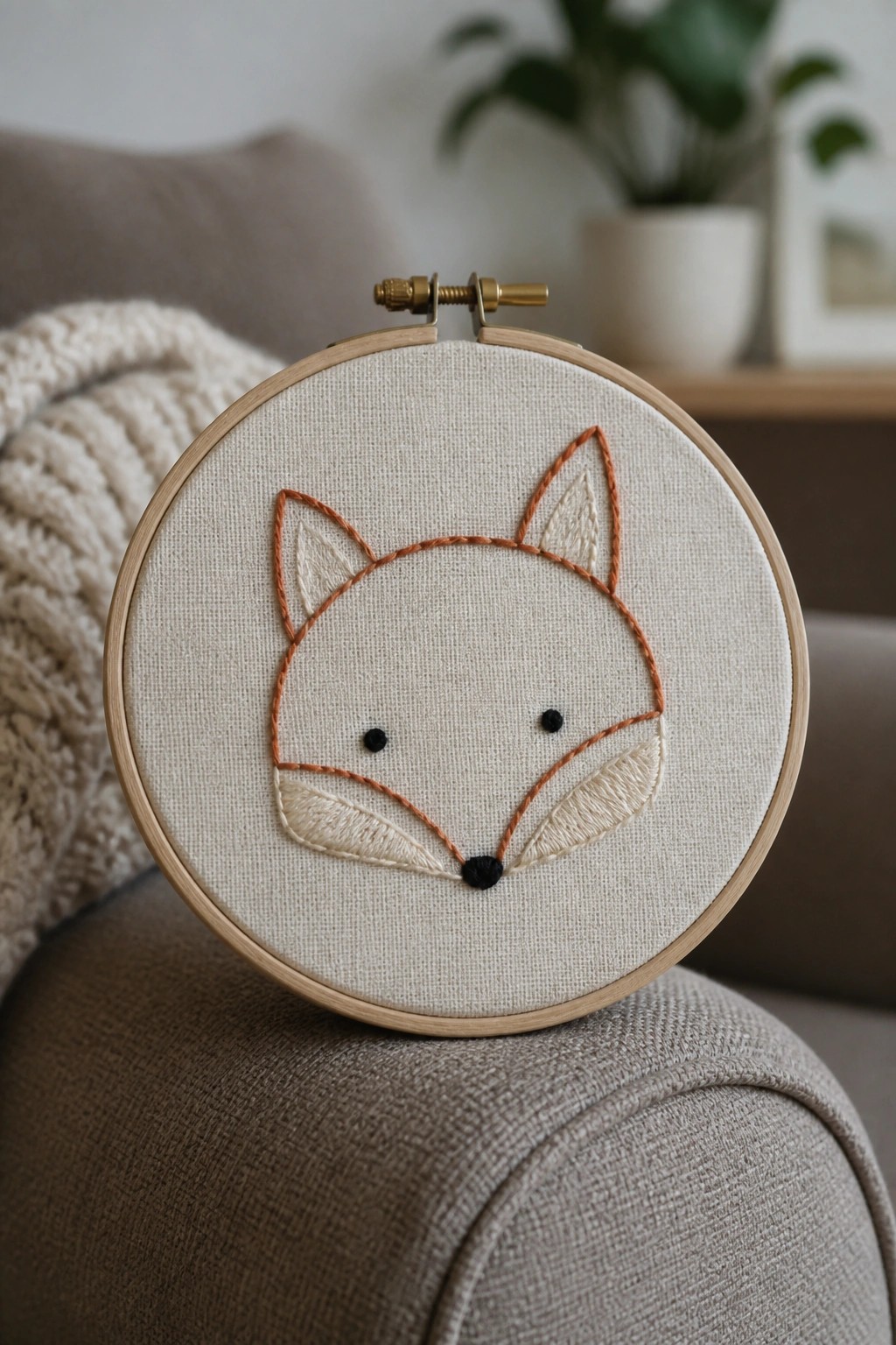Wooden embroidery hoop with orange-stitched fox face on beige fabric atop gray couch