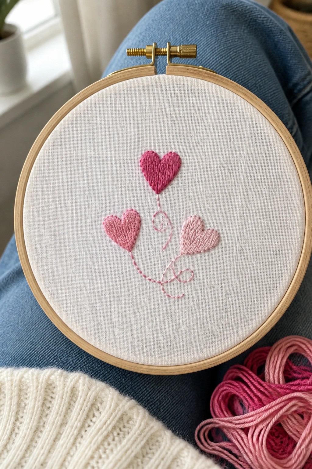Embroidery hoop with three pink hearts of different sizes linked by stitched lines on white fabric, resting on blue jeans with pink thread nearby.