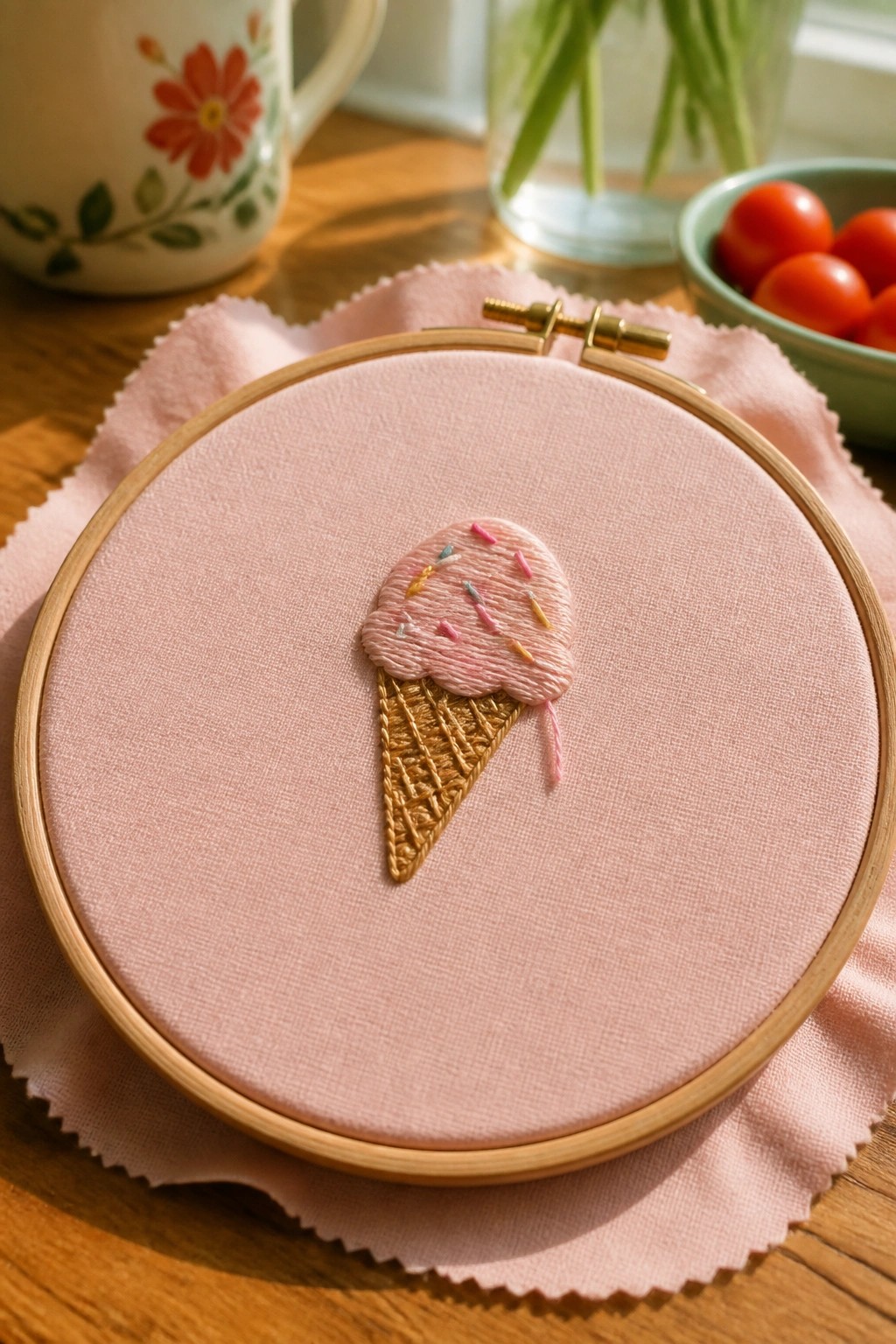 Embroidered pink ice cream cone with sprinkles in wooden hoop on pink fabric