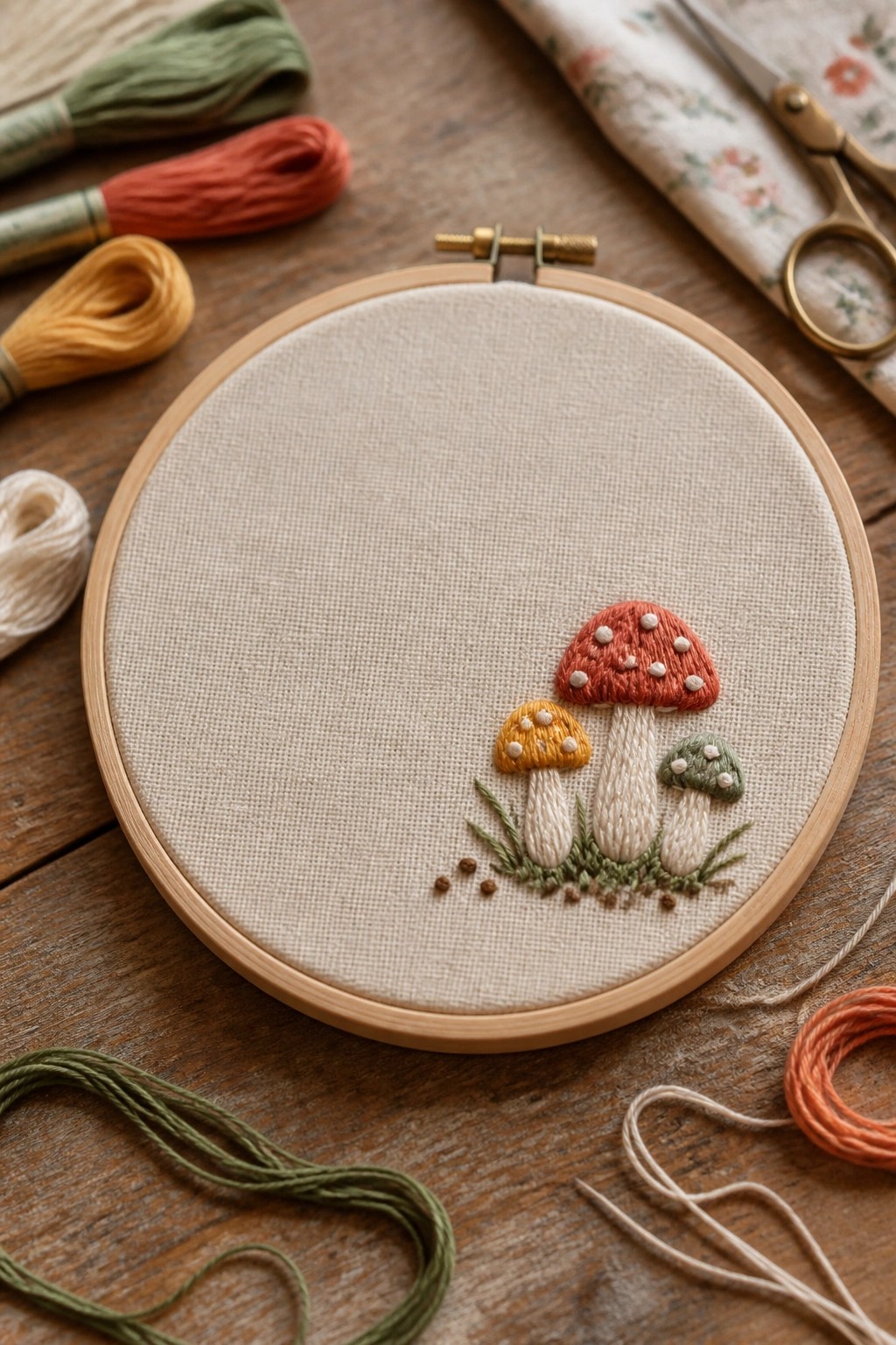 Wooden hoop with embroidered red, yellow, and green mushrooms amid scattered threads and scissors.