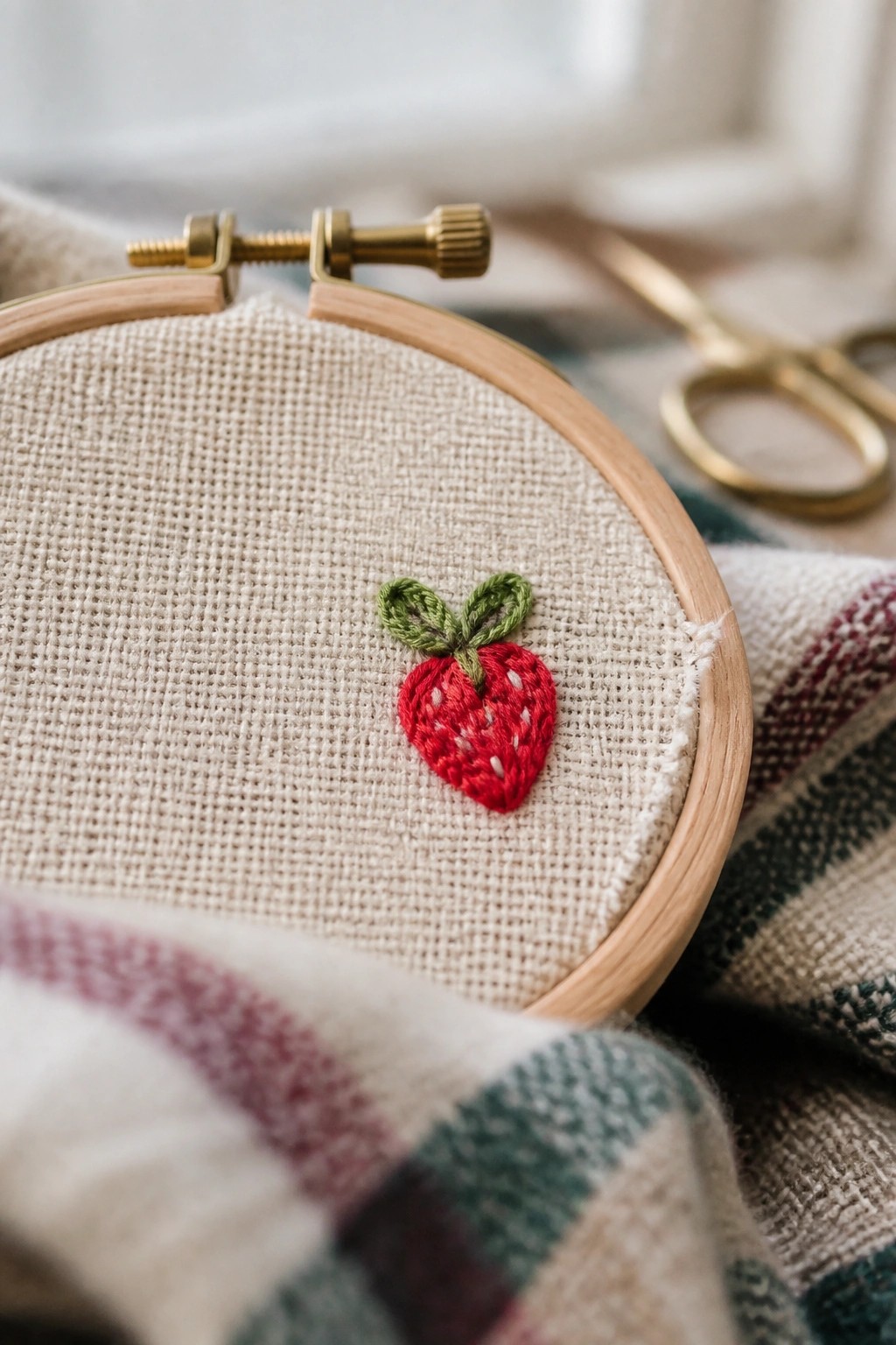 Wooden hoop with red strawberry embroidery and green leaves on beige fabric.