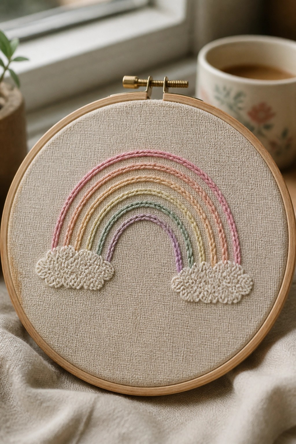 Pastel rainbow embroidery with fluffy clouds in wooden hoop on linen fabric