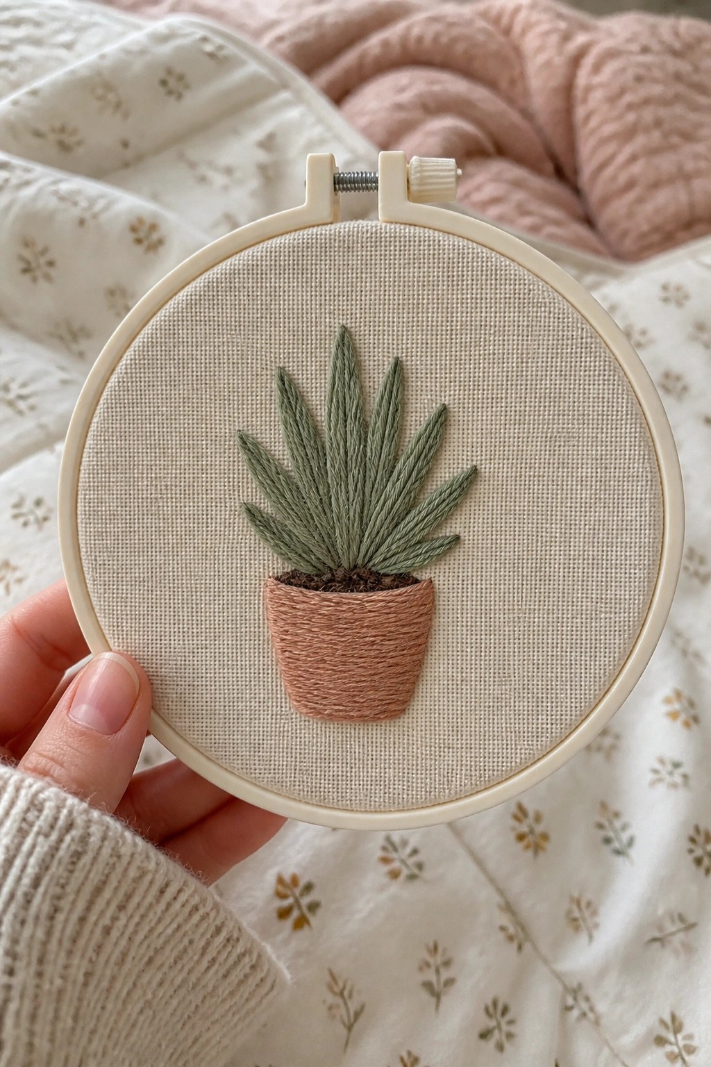 Hand holding beige hoop with green succulent stitched in terracotta pot on fabric