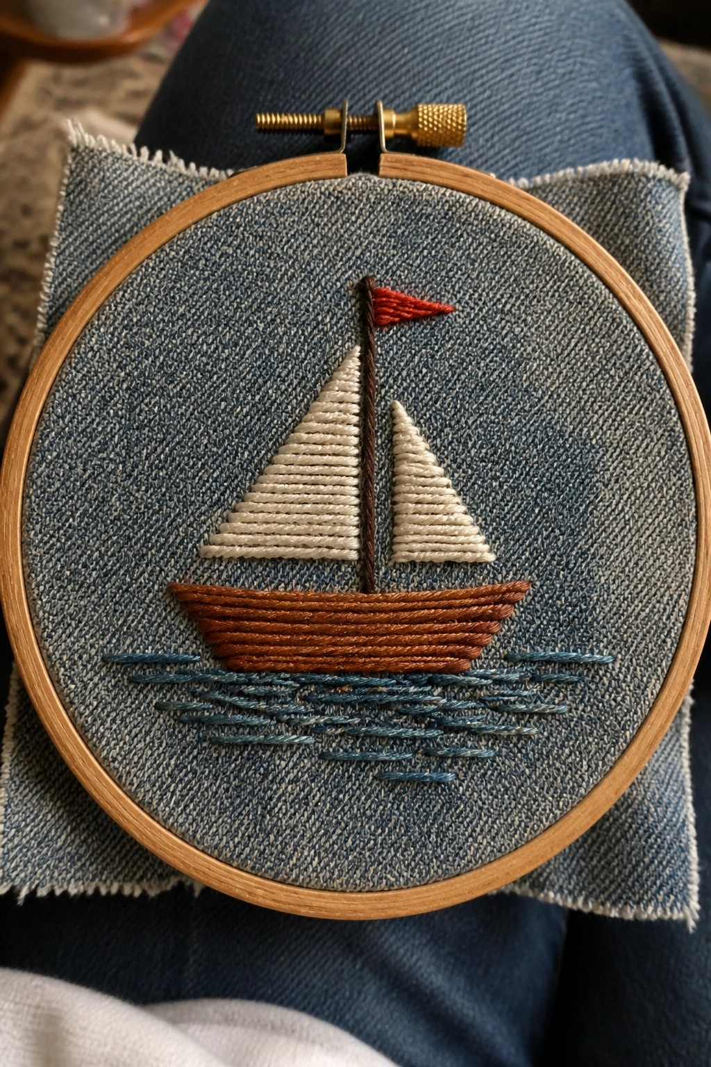 Wooden hoop with embroidered sailboat, white sails, brown hull, red flag, and blue waves on denim.