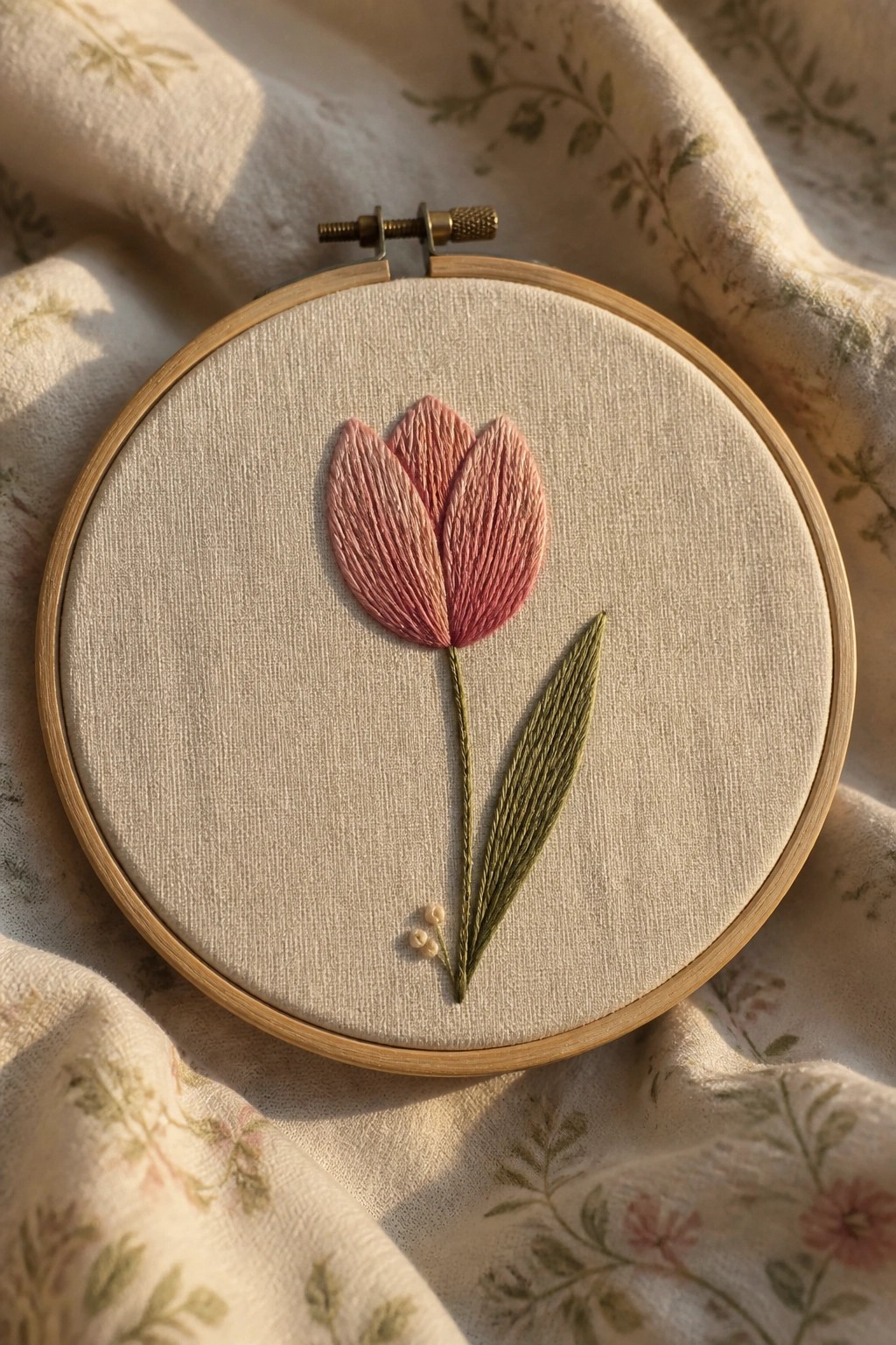 Embroidered pink tulip with green leaf in wooden hoop on floral fabric.