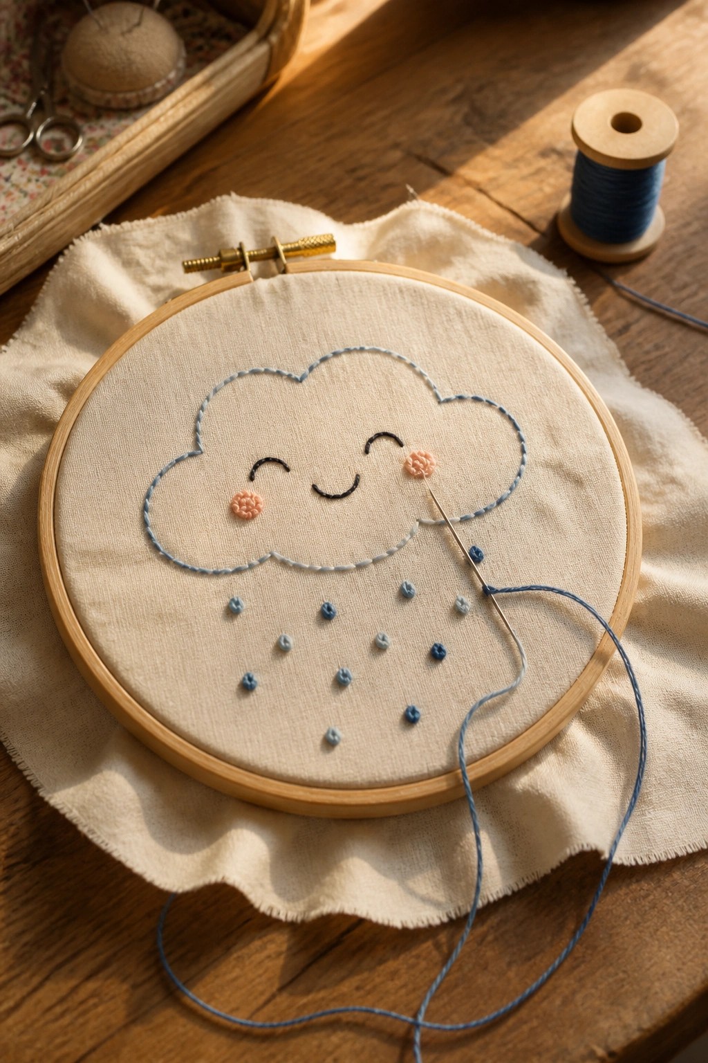 Embroidery hoop with smiling cloud, pink cheeks, and blue raindrops being stitched