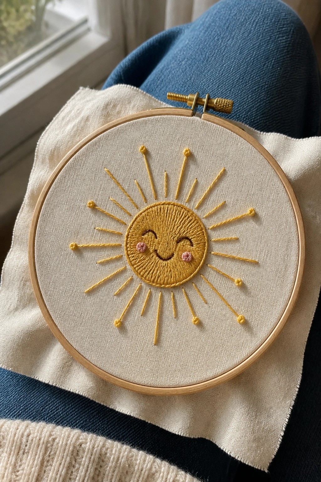 A yellow embroidered sun with a smiling face and radiating rays inside an embroidery hoop on white fabric.