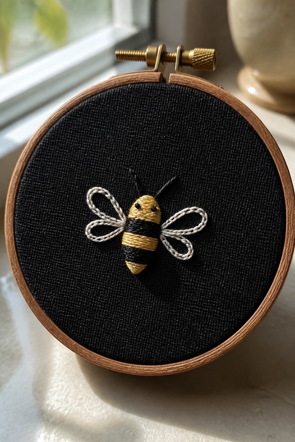 Yellow and black striped bee with white wings in wooden embroidery hoop