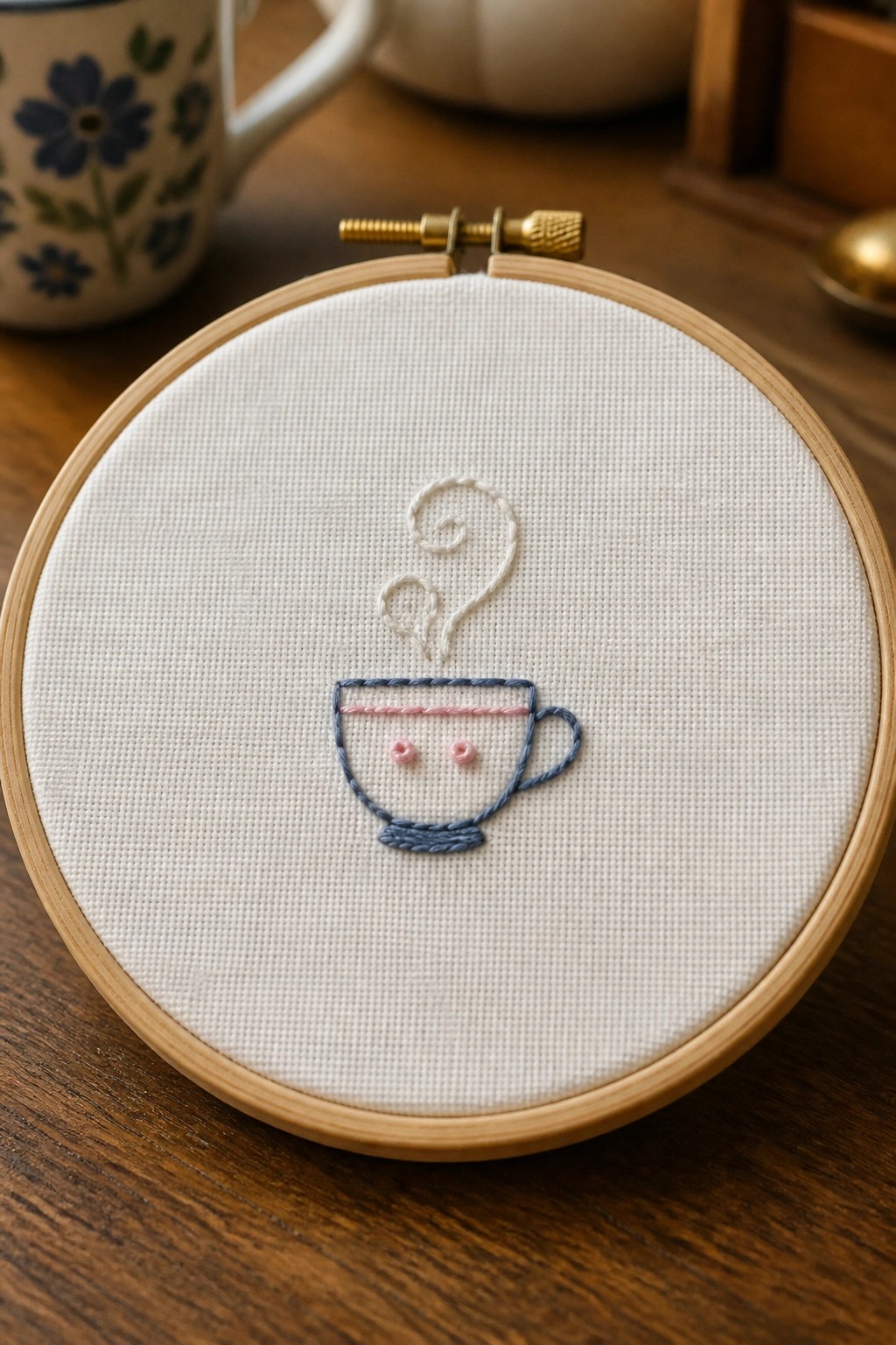 Wooden hoop with blue embroidered teacup, pink accents, and white steam on fabric