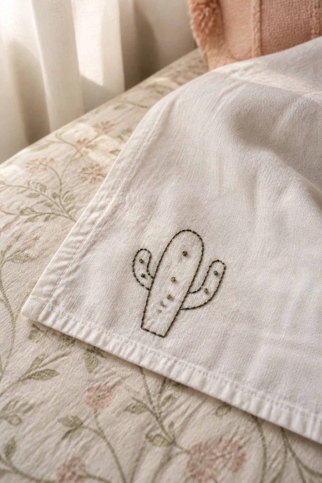 Green embroidered cactus on white fabric over floral patterned bedding
