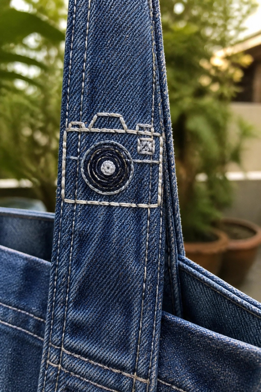 Blue denim bag strap with white embroidered camera design and stitching.
