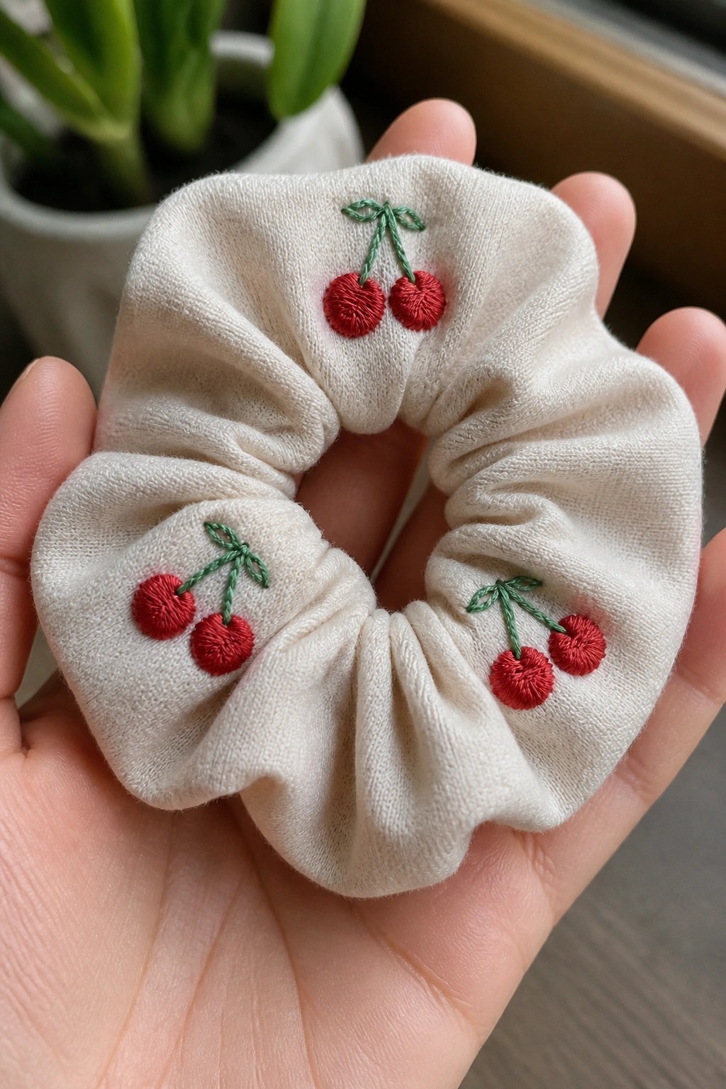Hand holding off-white scrunchie embroidered with red cherries and green stems.