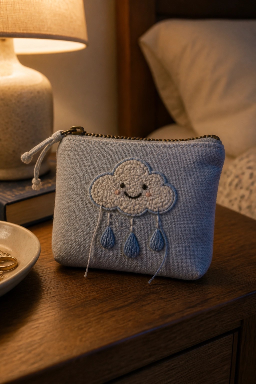 Blue zippered pouch with embroidered smiling cloud and raindrops on wooden table