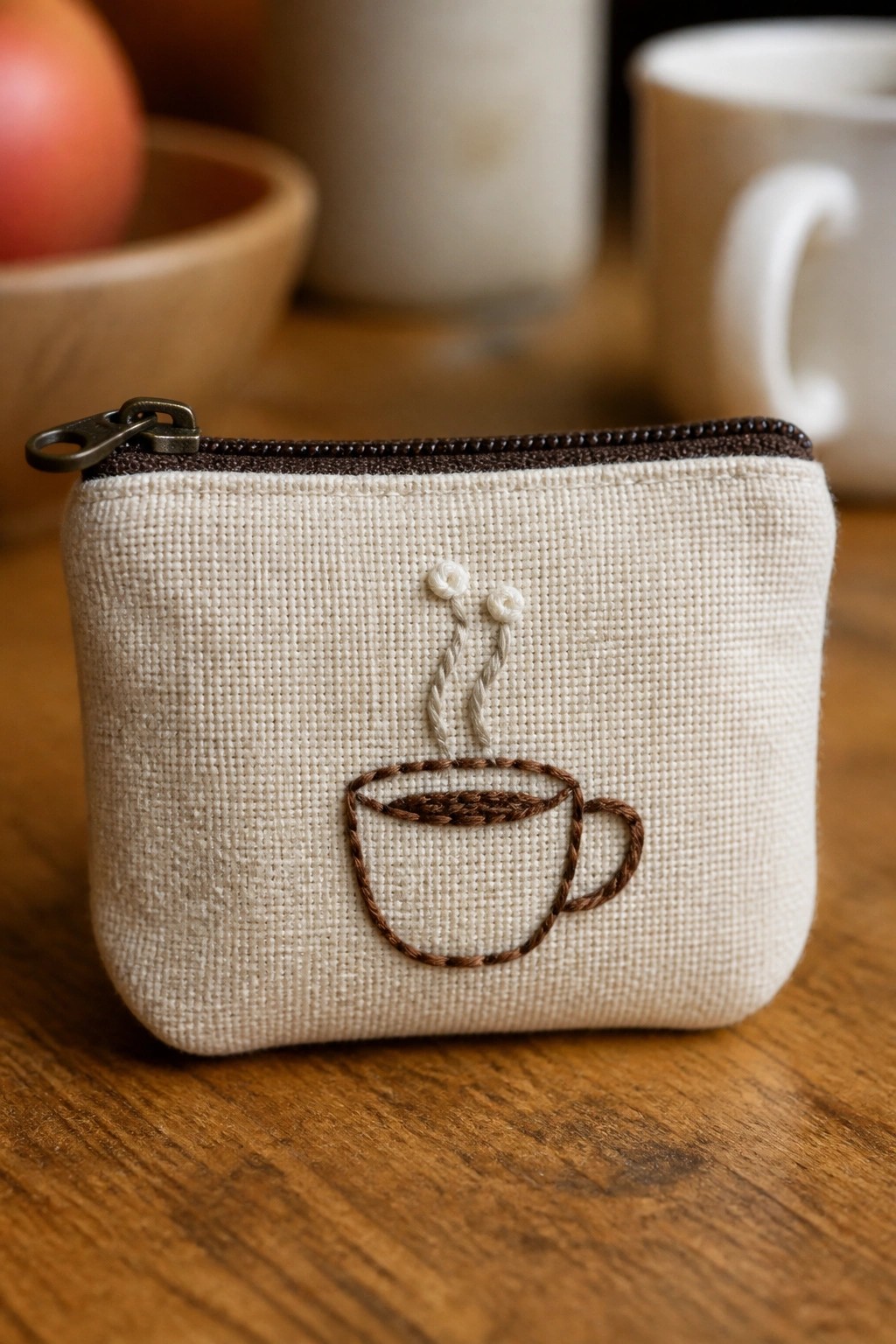 Small off-white fabric pouch with brown zipper and embroidered brown coffee cup with steam lines.