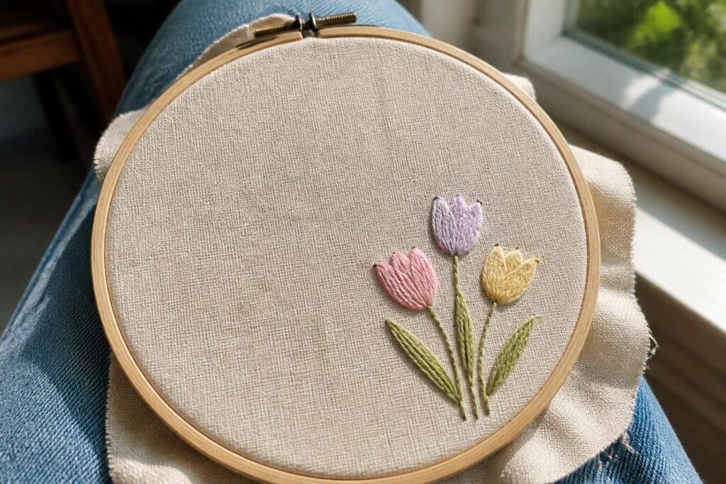 Embroidery hoop with pink and purple tulips resting on blue denim jeans