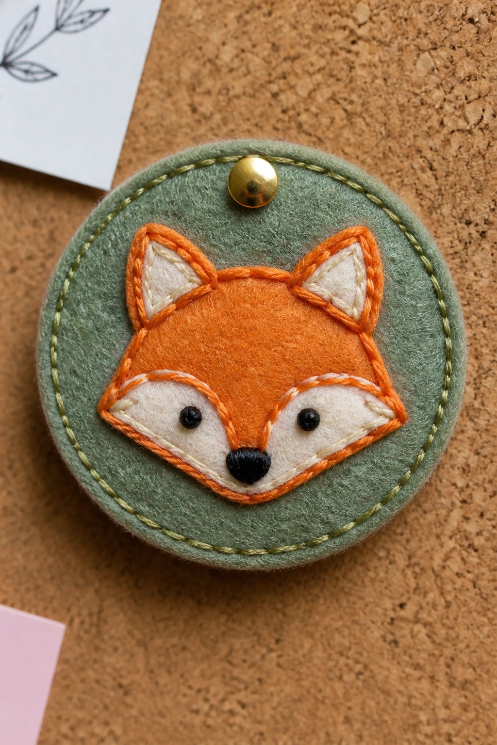 Orange felt fox appliqué on green stitched circle with gold button pin.