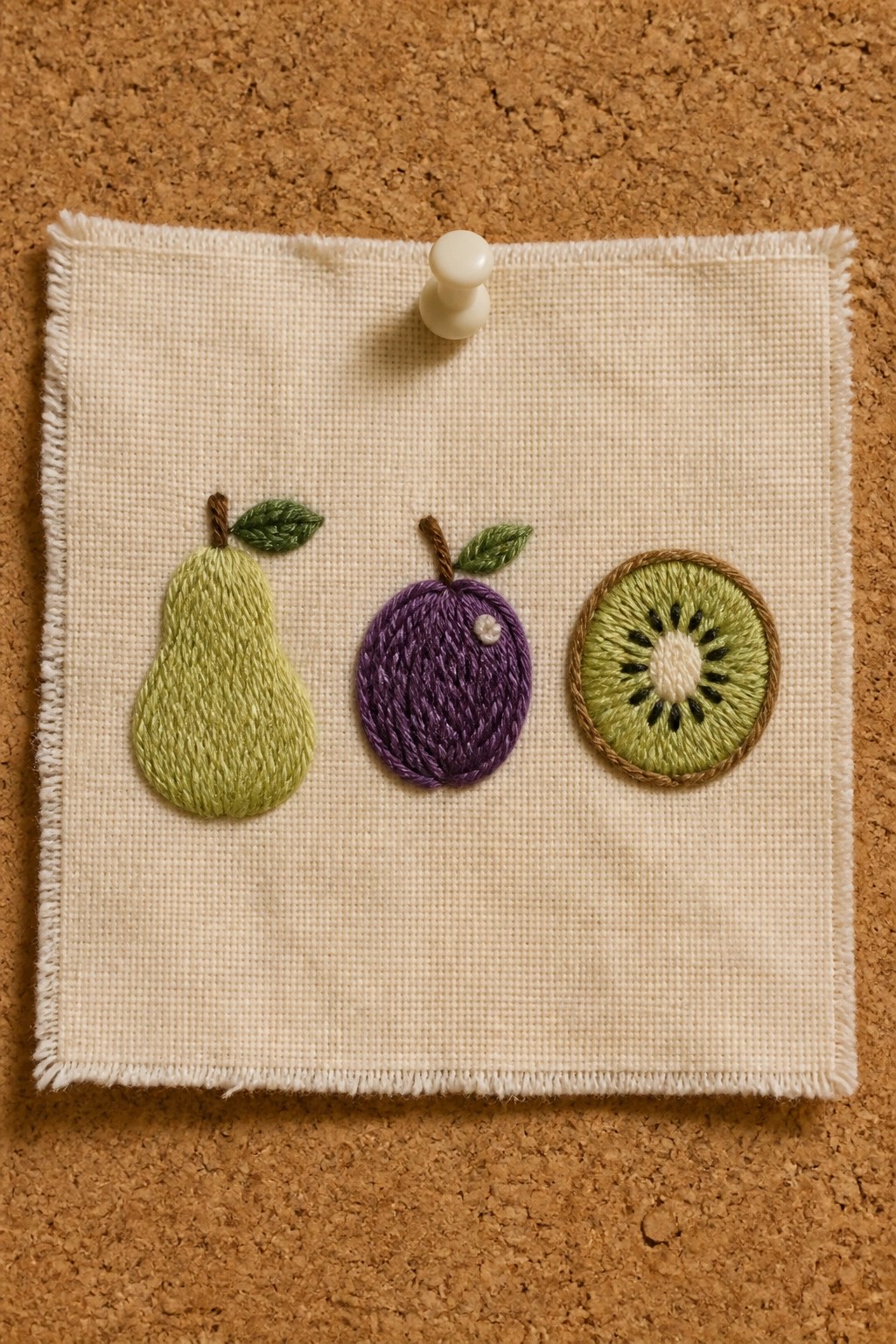Embroidered pear, plum, and kiwi on white fabric pinned to corkboard.
