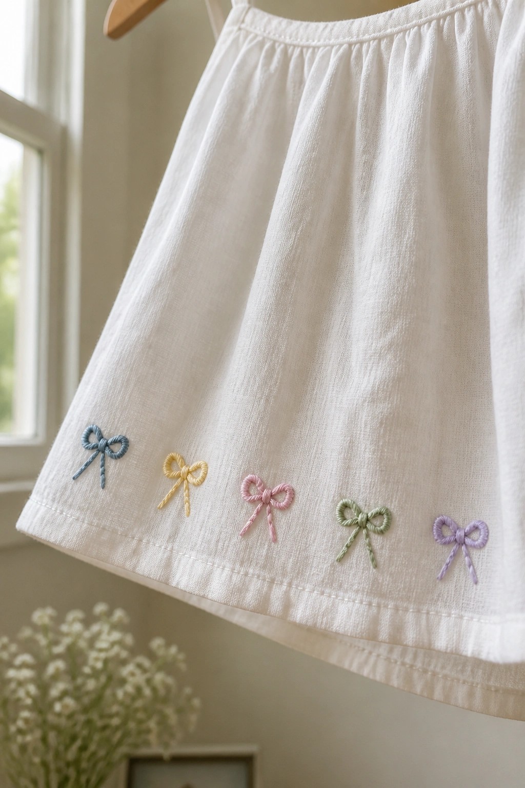 White skirt hem with pastel embroidered bows in blue, yellow, pink, green, and purple.